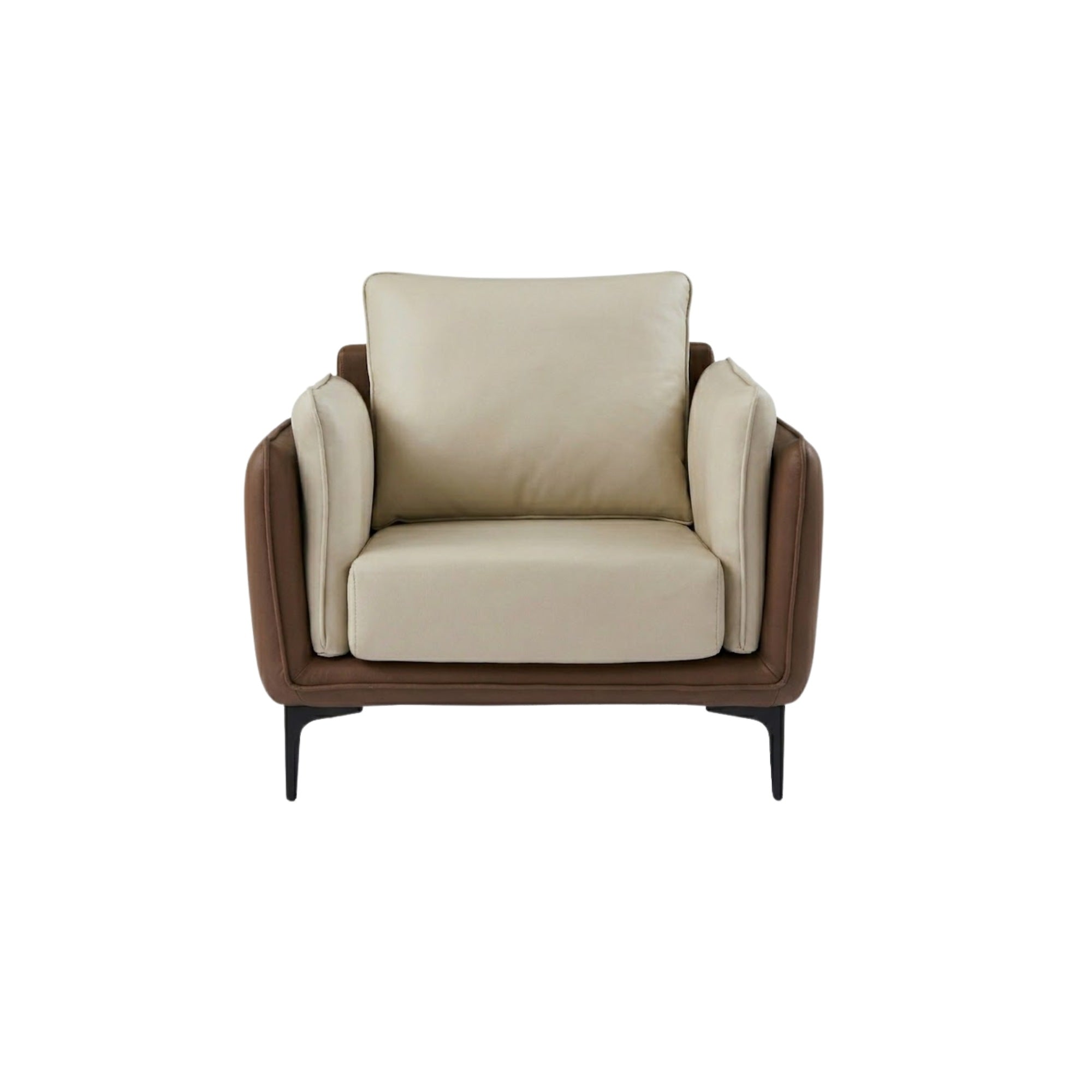 Two-tone IFF Kensington accent chair with wooden legs and cushioned seating, showcasing modern design and stylish fabric upholstery.