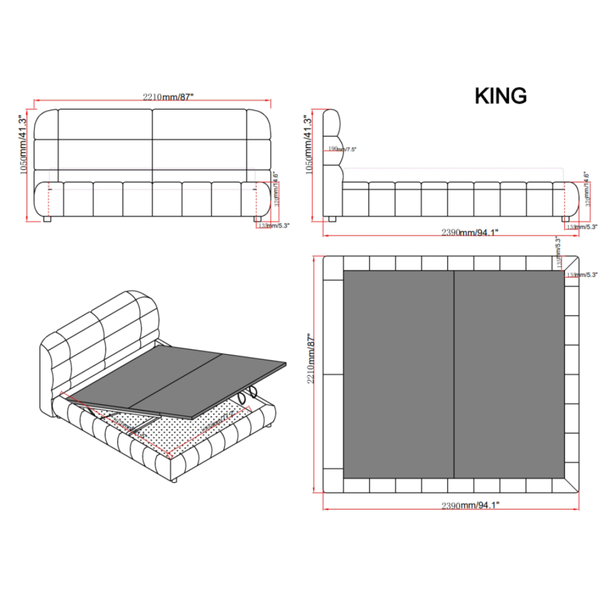 Beige Aurelia upholstered lift storage bed by Brassex, showing the king-sized bed with built-in storage and padded headboard.