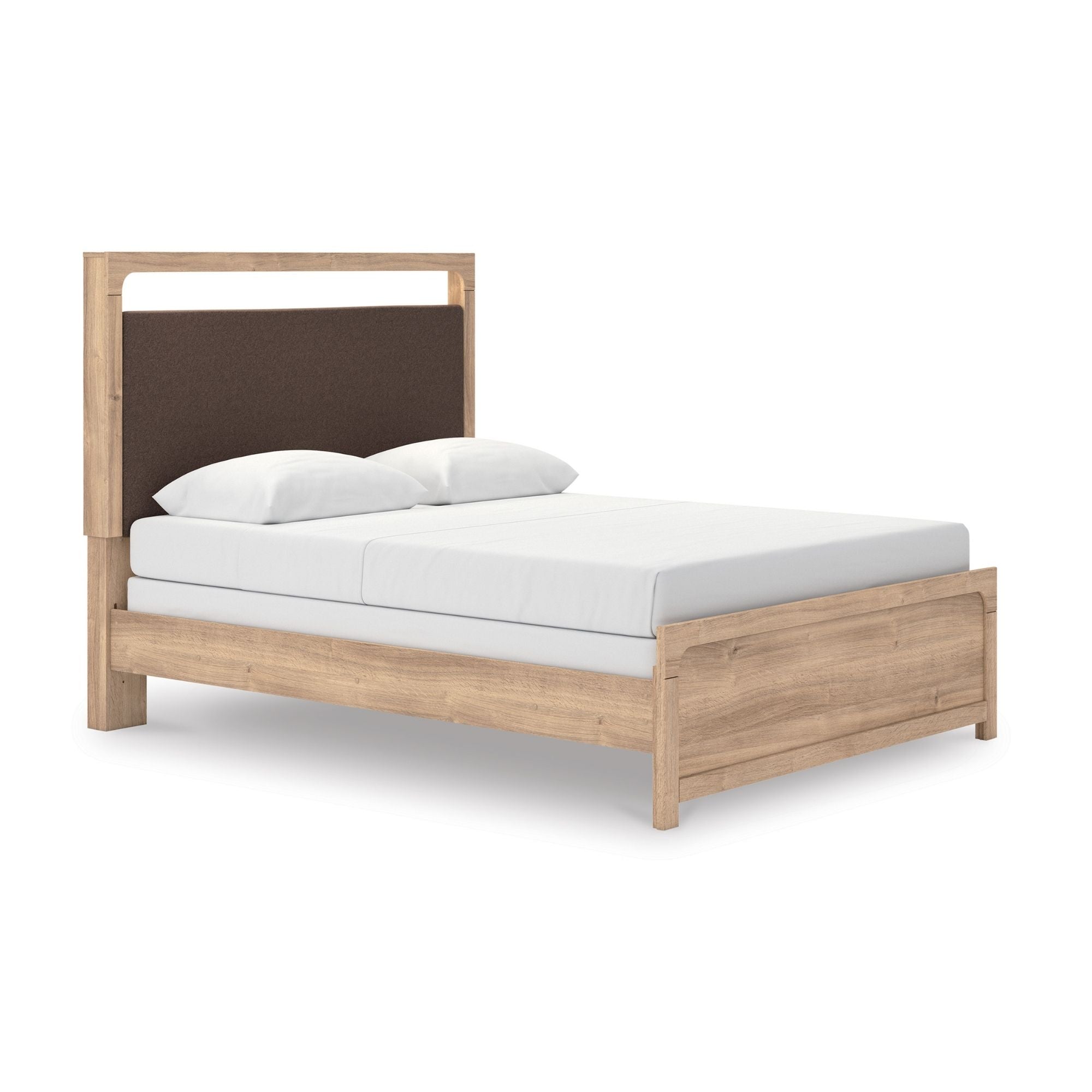 Tan upholstered platform bed from the Kinlanni collection by Signature Ashley, shown with a modern headboard and matching bedding.