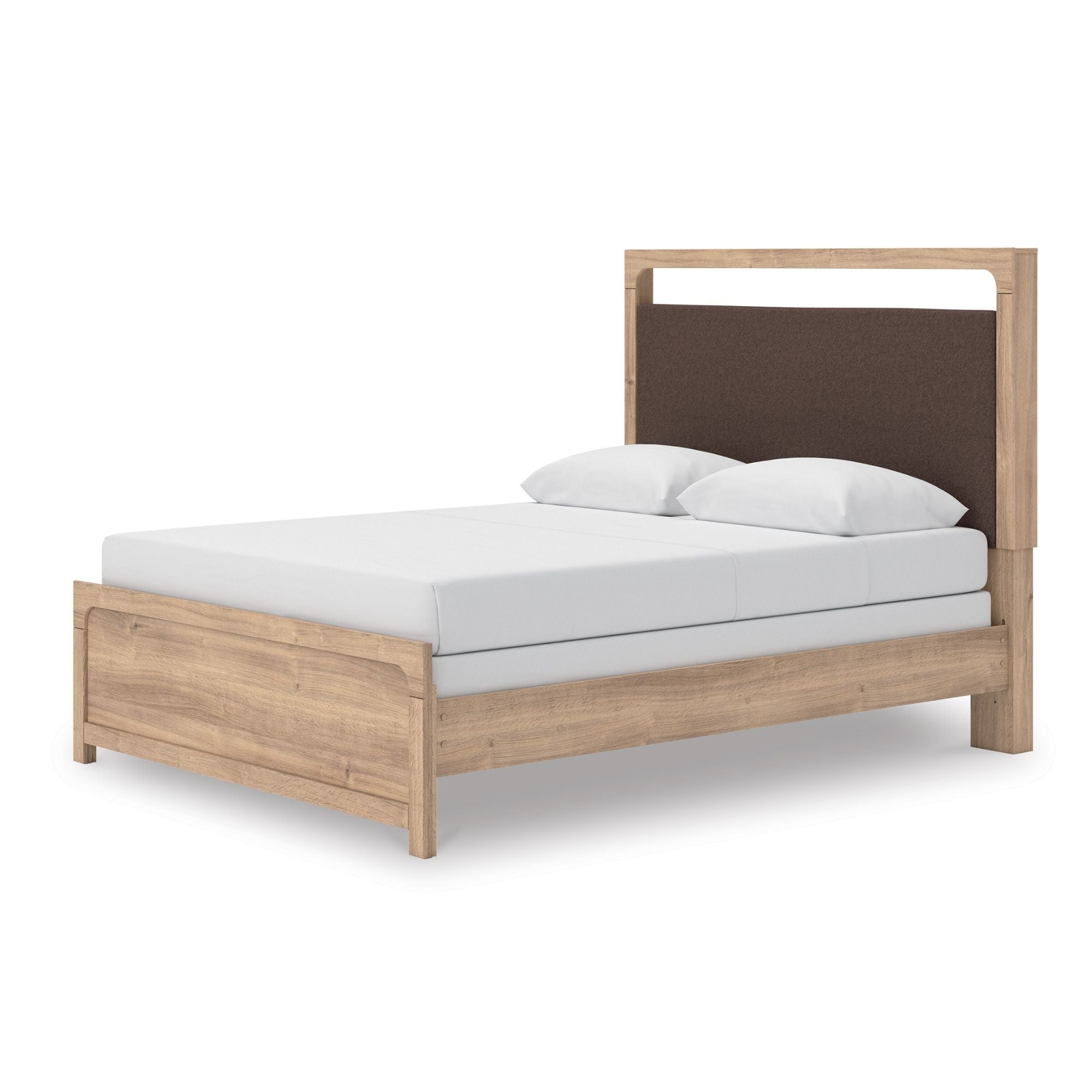Tan Kinlanni upholstered platform bed by Signature Ashley, showcasing a stylish, padded headboard and sleek bed frame in a bedroom setting.