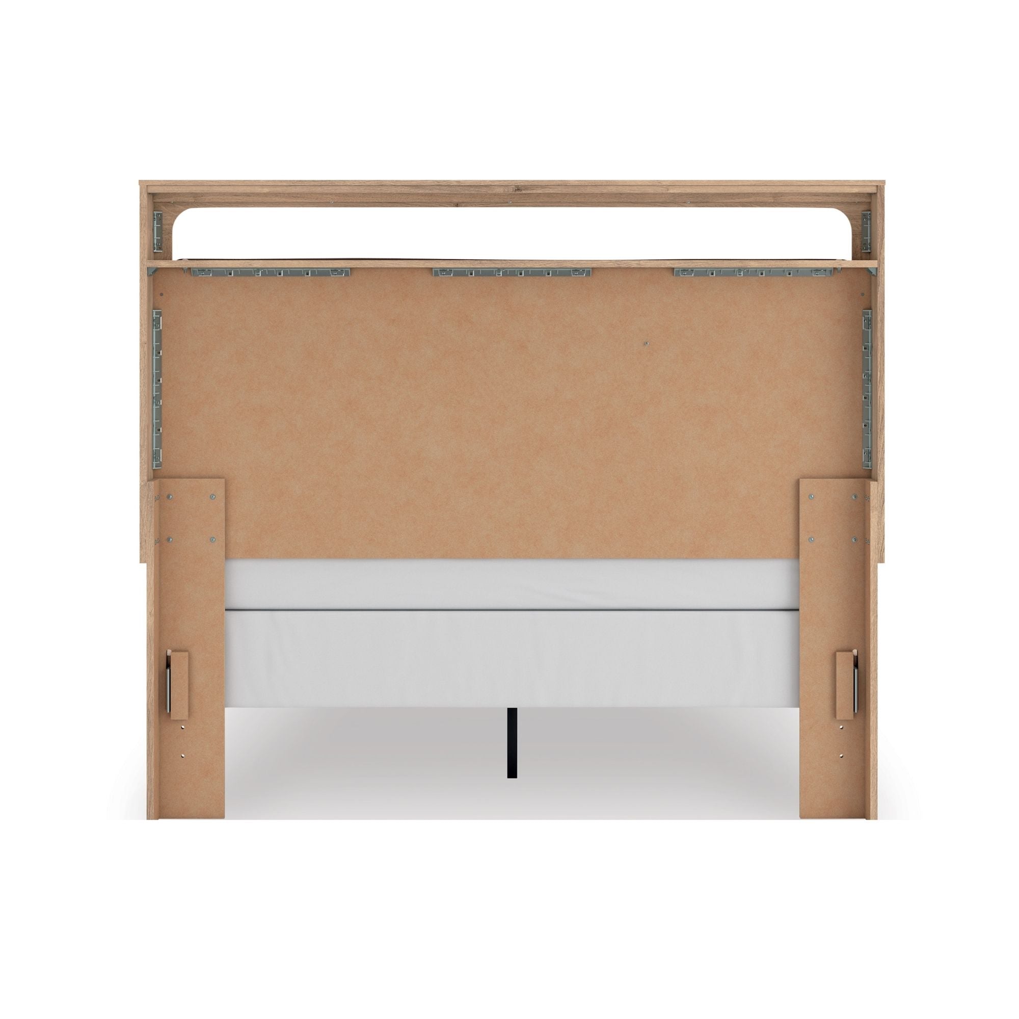 Tan upholstered platform bed from Signature Ashley's Kinlanni collection, featuring a stylish headboard and sturdy frame.