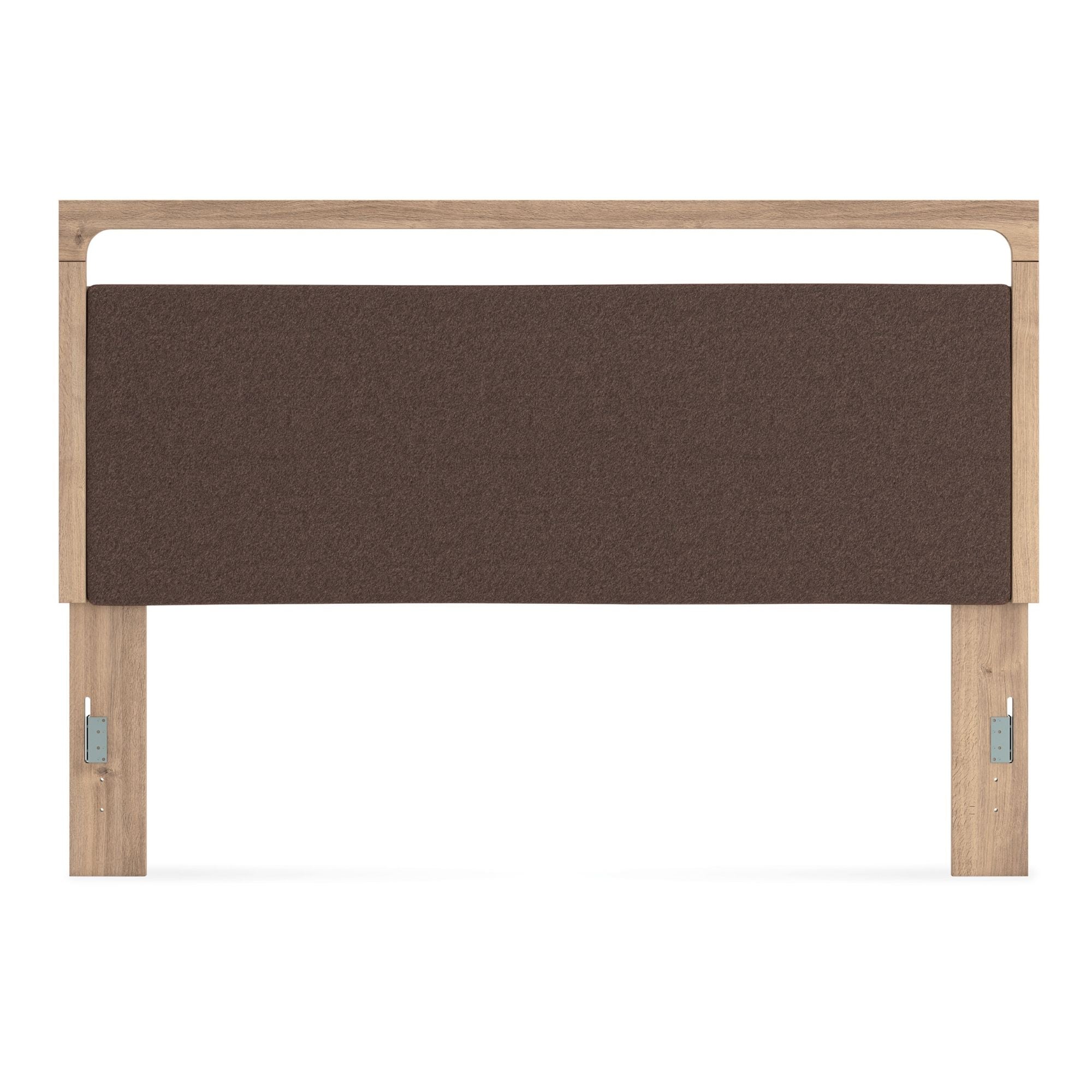 Tan upholstered platform bed from the Kinlanni collection by Signature Ashley, featuring a padded headboard and modern design.