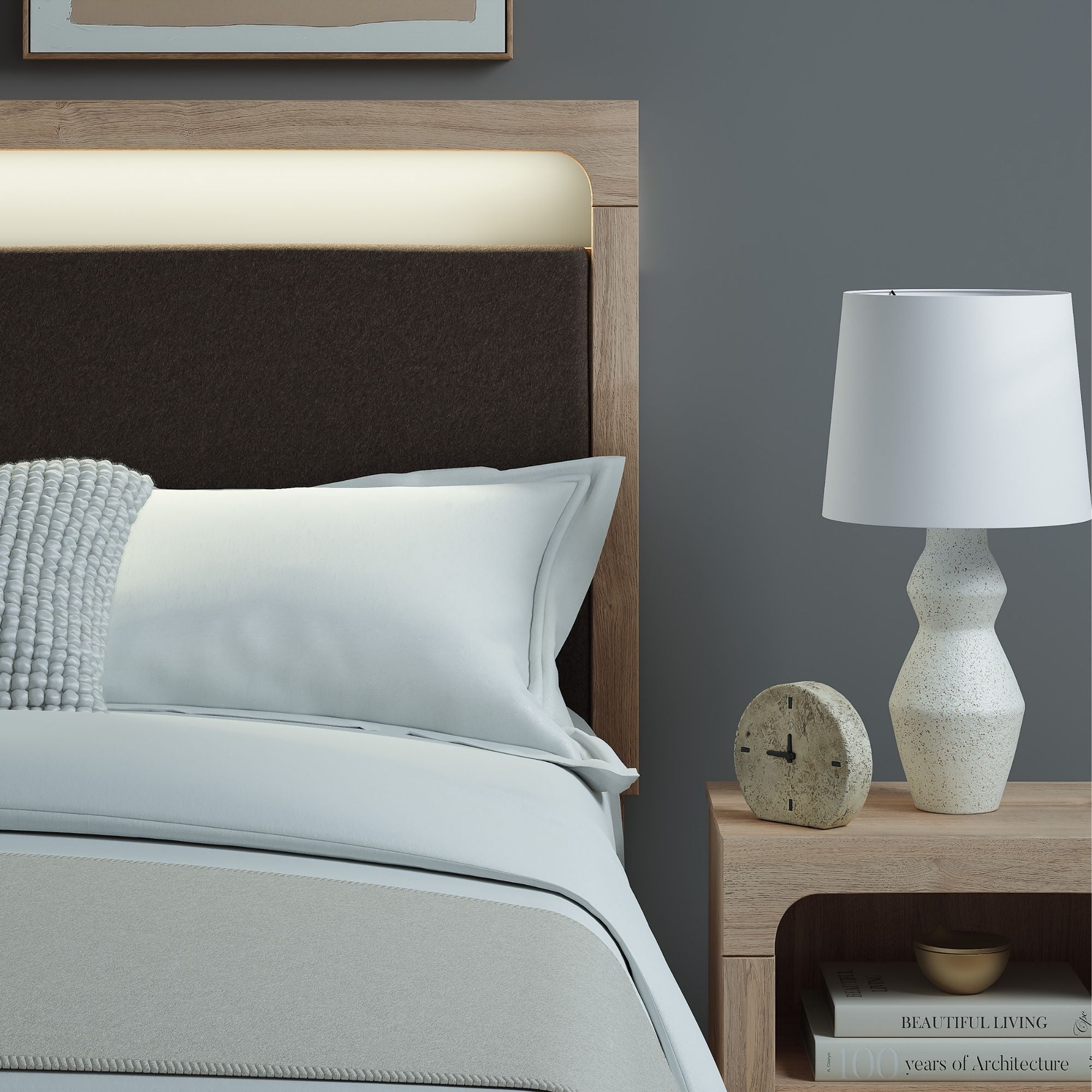 Tan upholstered platform bed from Signature Ashley's Kinlanni bedroom collection, showcasing a cozy, stylish bed with a padded headboard.