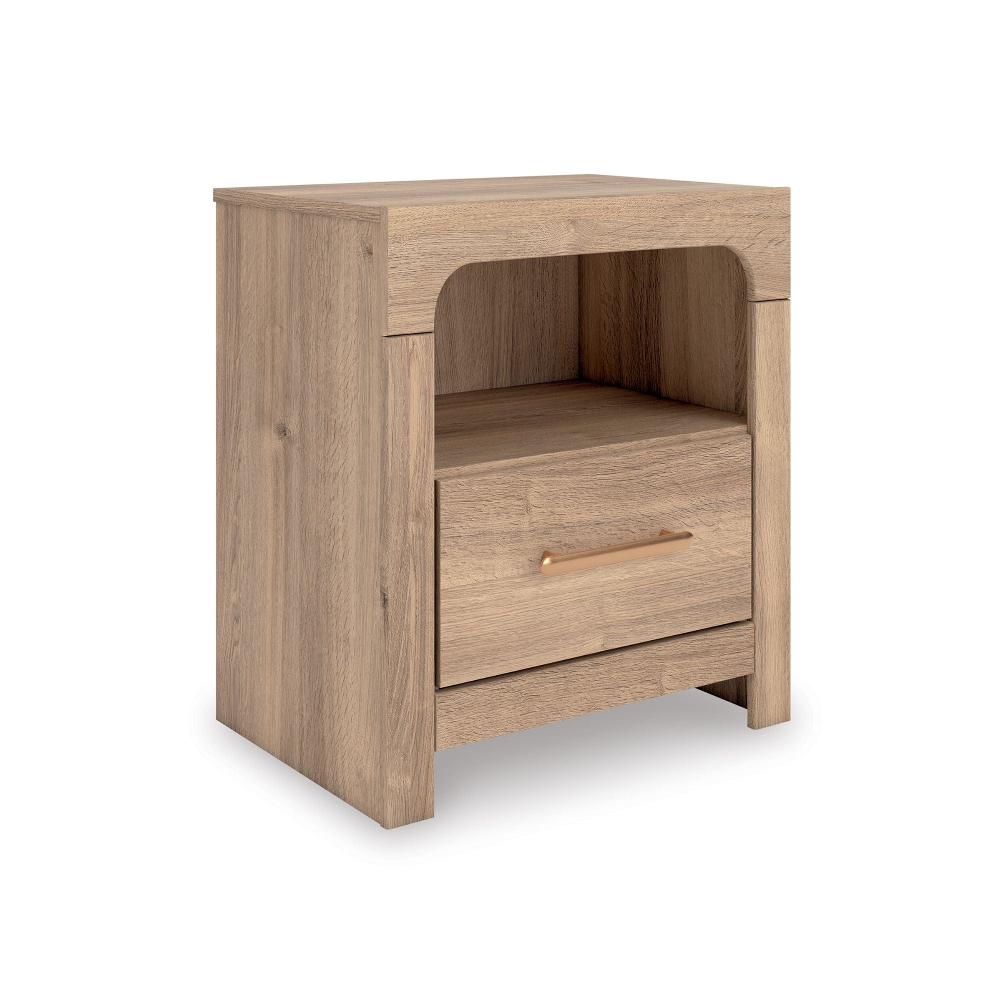 Tan Kinlanni one-drawer nightstand from Signature Ashley with sleek wood finish and modern design, shown in a bedroom setting.