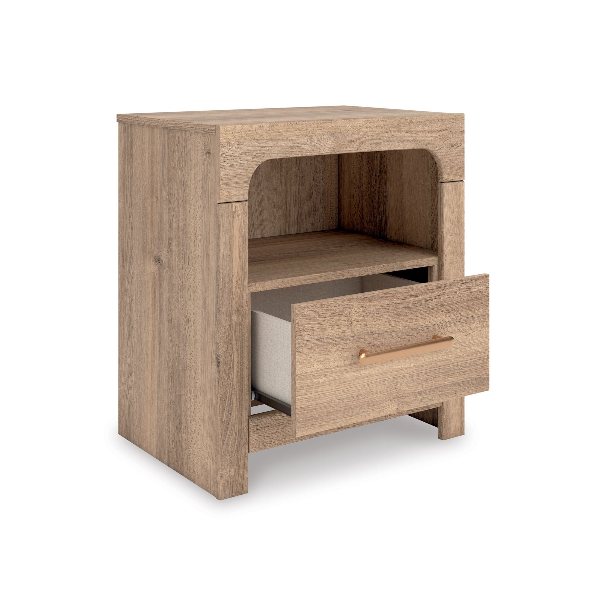 Kinlanni upholstered platform bedroom set in tan with matching headboard, nightstands, and storage drawers, by Signature Ashley.