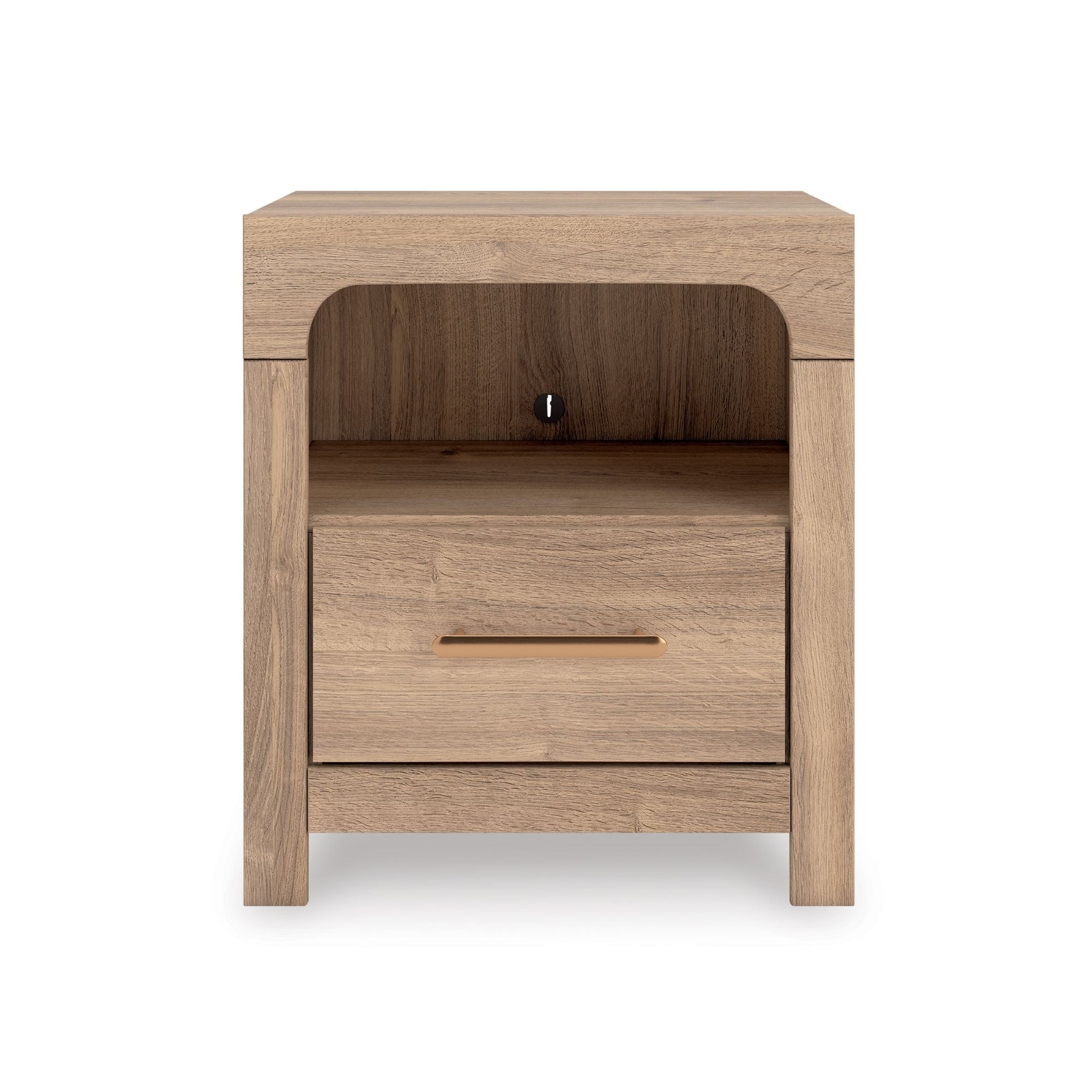 Tan Kinlanni one-drawer nightstand from Signature Ashley, showing its wooden finish and simple design for bedroom storage.