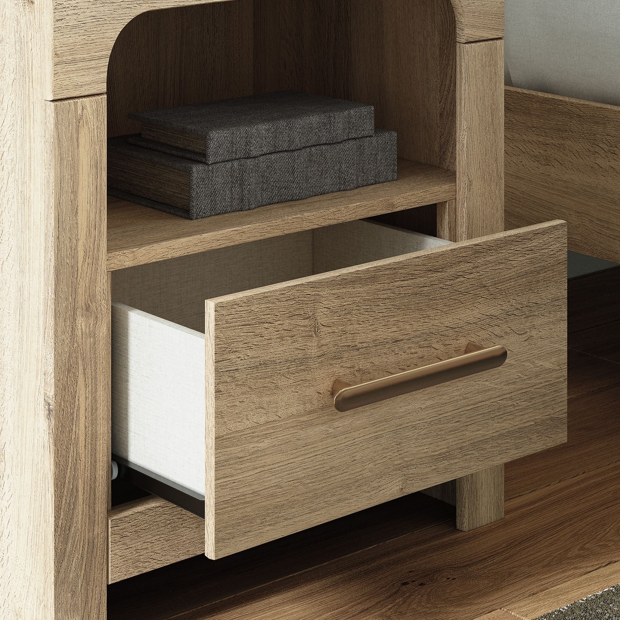 Tan Kinlanni one-drawer nightstand by Signature Ashley with sleek wood finish and modern design, positioned beside a bedroom bed.
