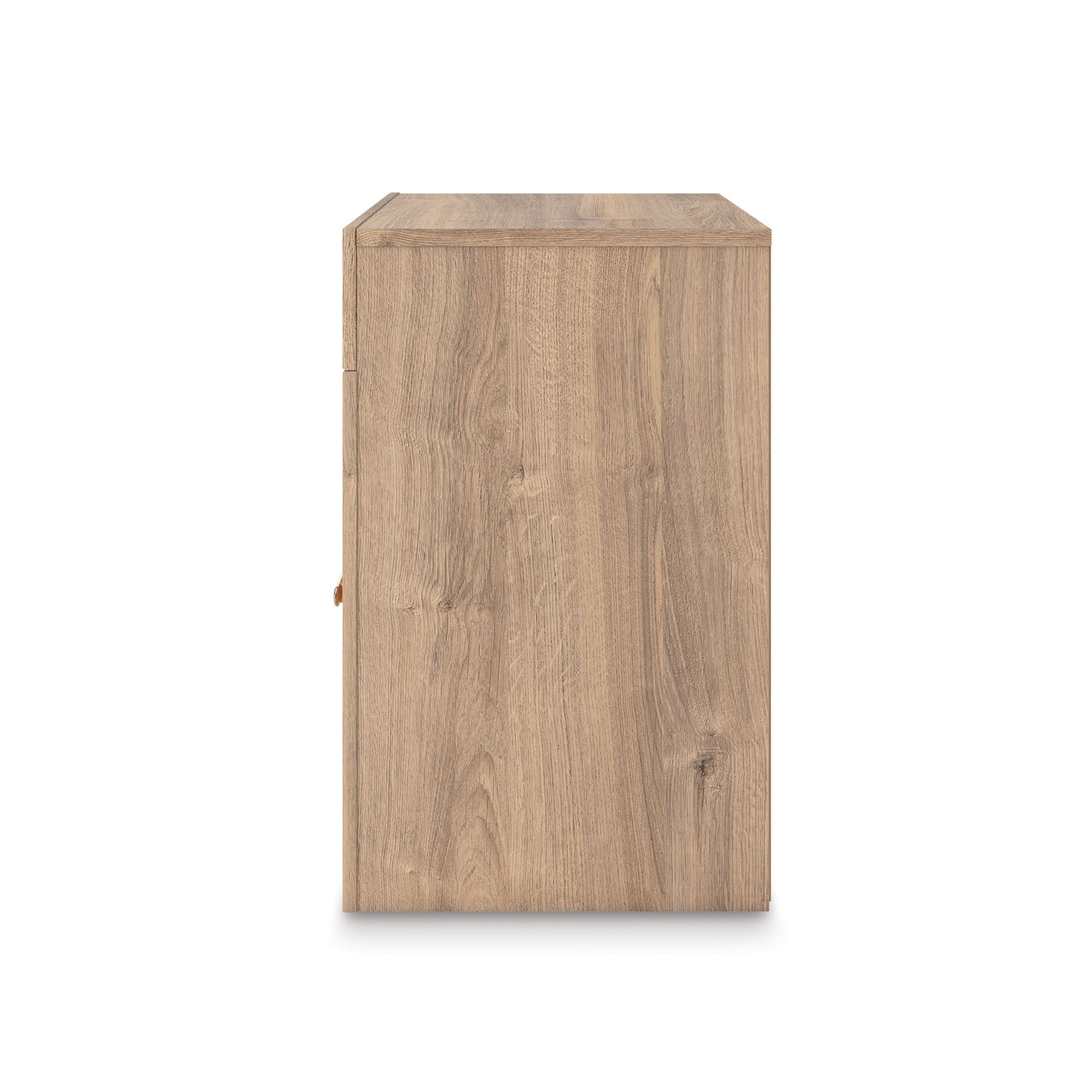 Tan Kinlanni one-drawer night stand from Signature Ashley, featuring a sleek design and natural wood finish.