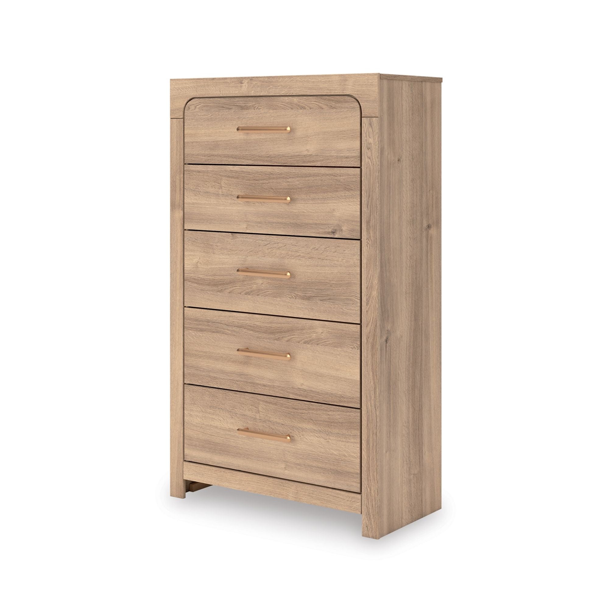 Tan Kinlanni five-drawer chest by Signature Ashley with sleek drawer handles, placed in a modern bedroom setting.