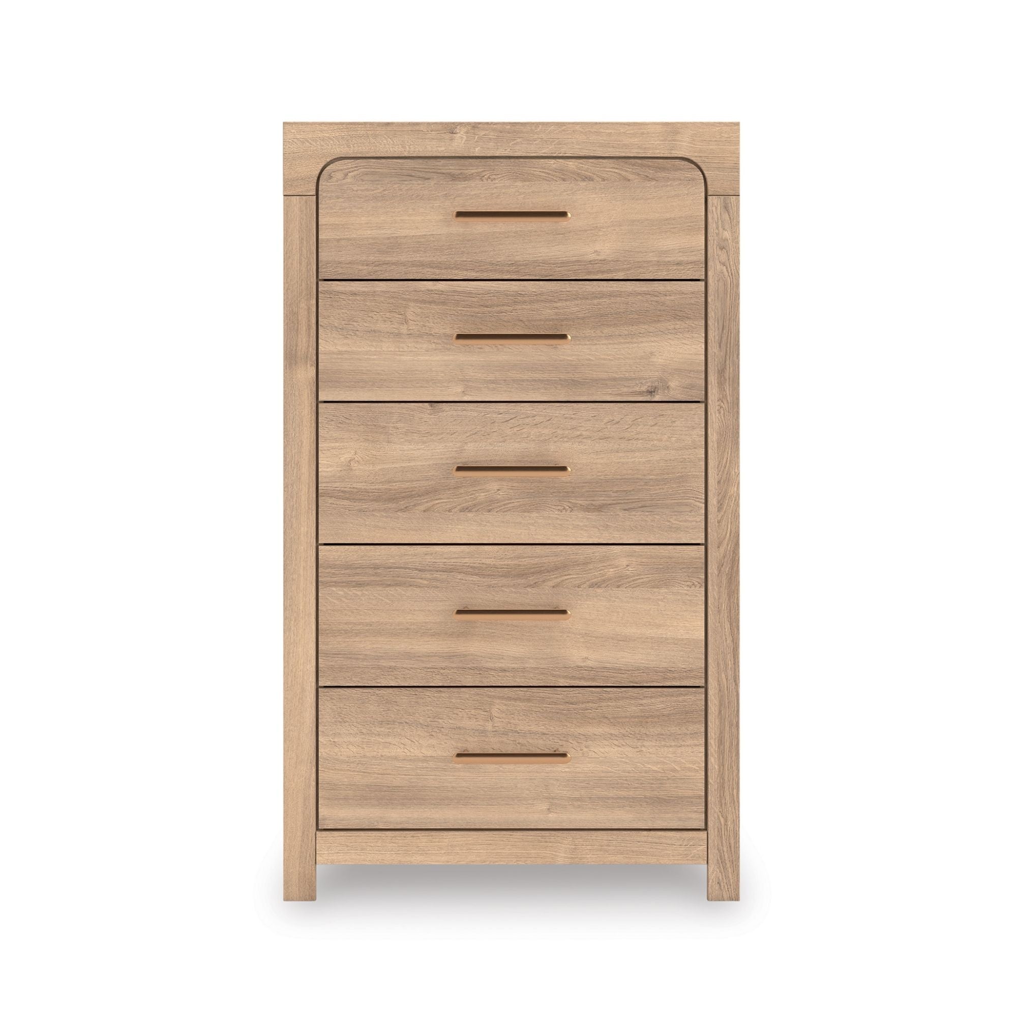 Kinlanni five-drawer tan bedroom chest by Signature Ashley with sleek drawer handles and wooden finish.