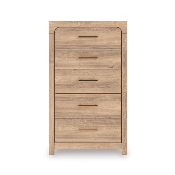 Kinlanni five-drawer tan bedroom chest by Signature Ashley with sleek drawer handles and wooden finish.