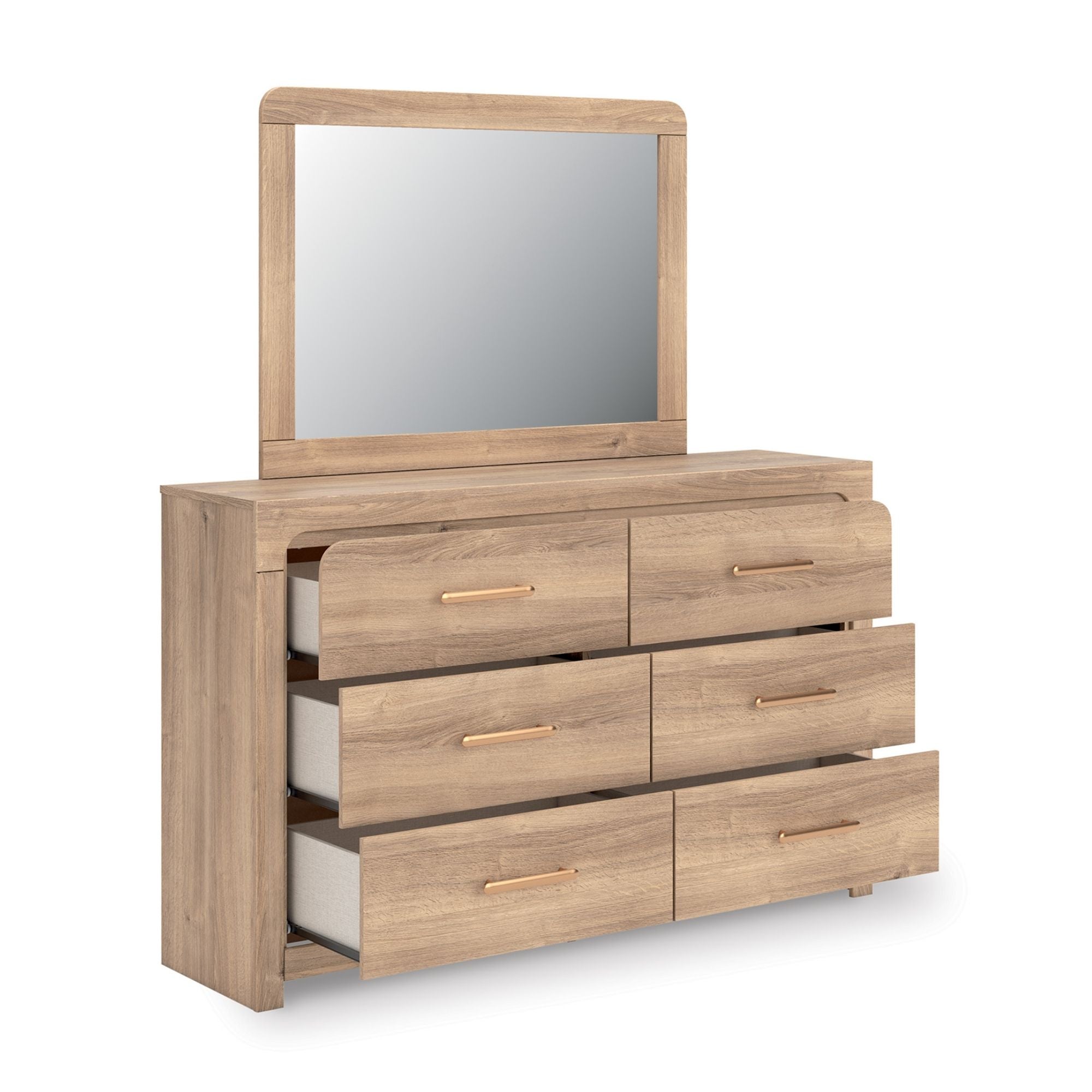 Kinlanni upholstered platform bedroom set in tan with matching bed frame and nightstands, showcasing a modern bedroom furniture design.