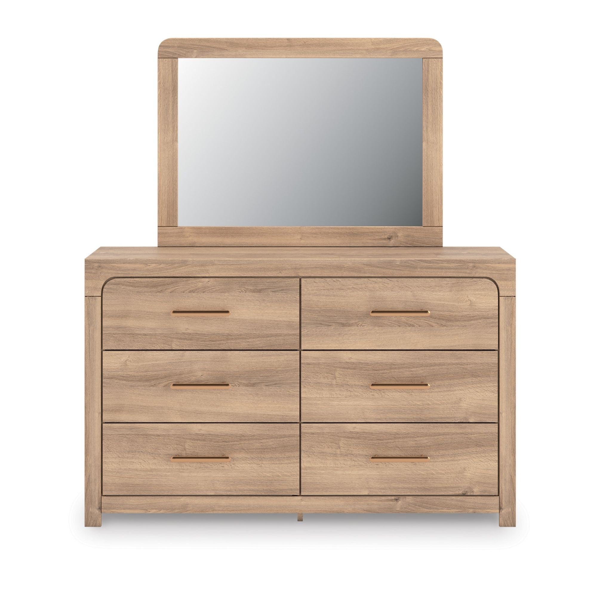 Tan upholstered platform bedroom set by Signature Ashley featuring a bed with matching nightstands and modern design.