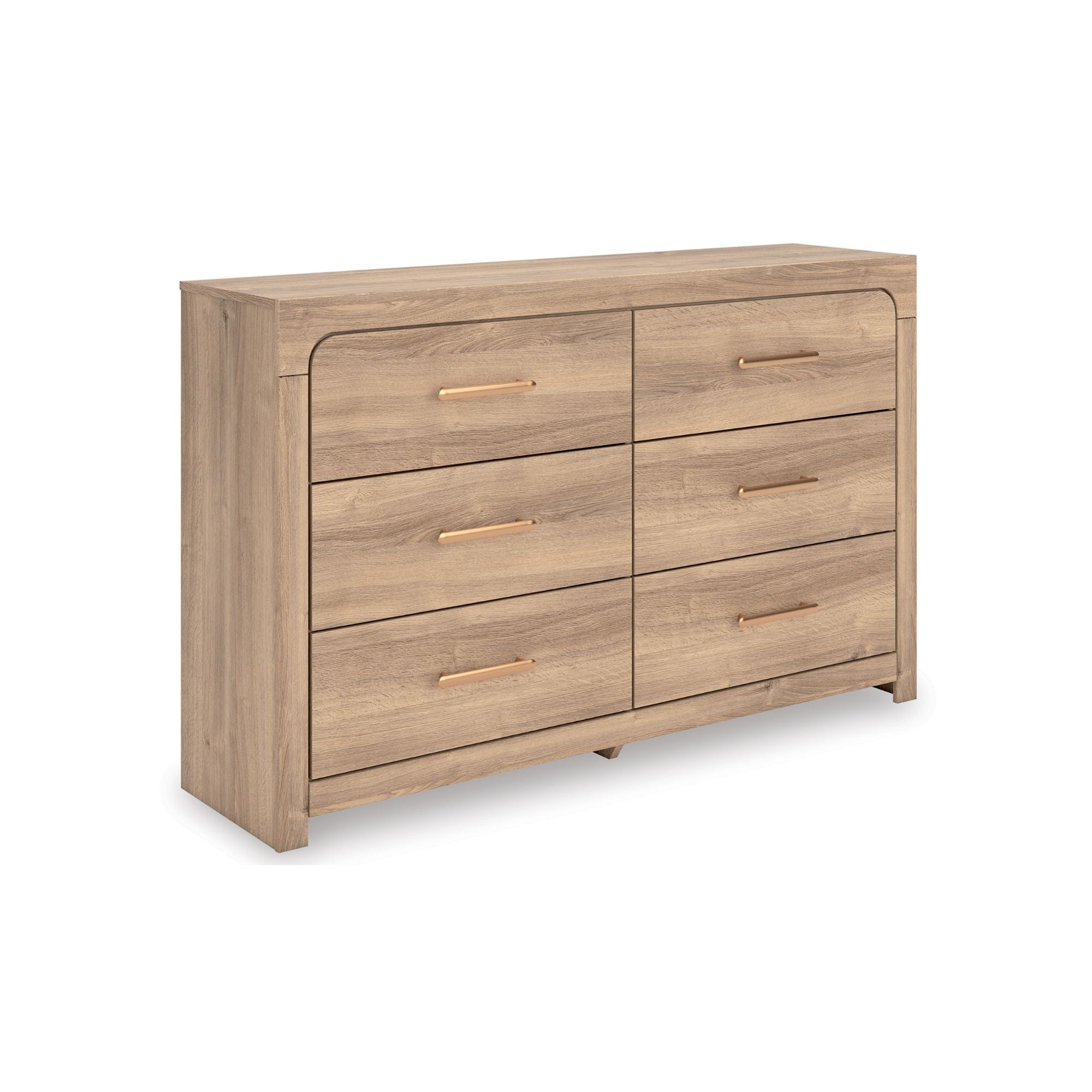 Six-drawer tan dresser from the Kinlanni bedroom set by Signature Ashley, featuring sleek wood finish and modern design.