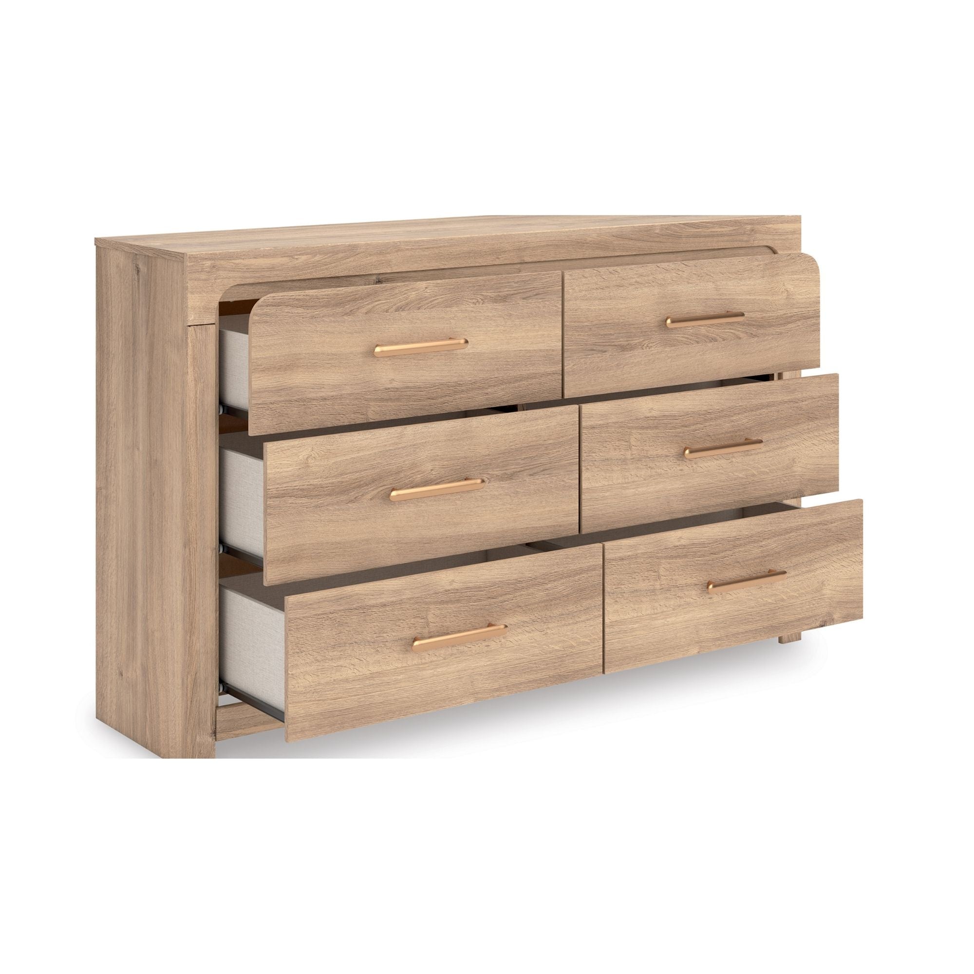 Six-drawer tan dresser from the Kinlanni bedroom set by Signature Ashley, featuring sleek design and ample storage space.