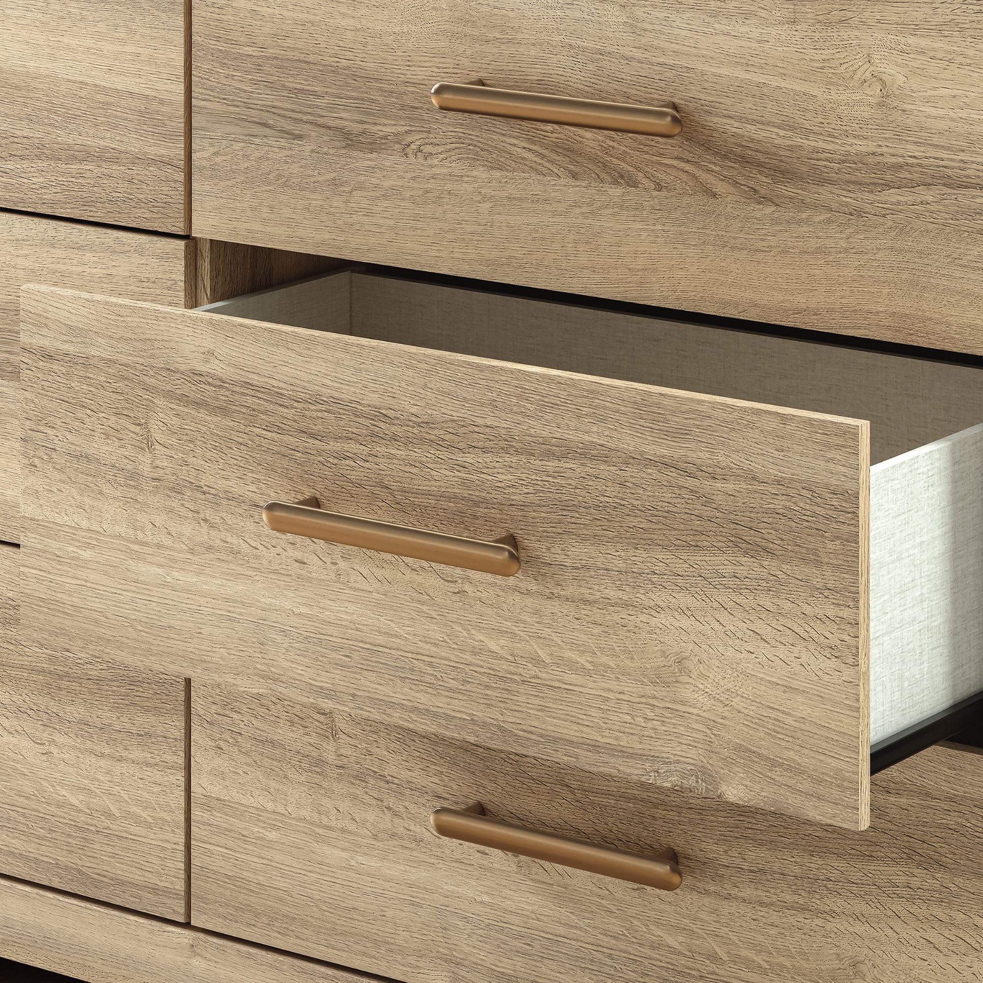 Six-drawer tan dresser from Signature Ashley's Kinlanni bedroom set, featuring sleek design and modern hardware.