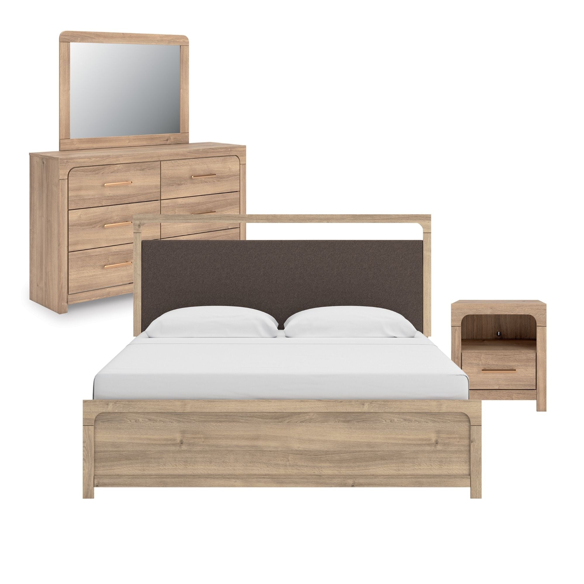 Kinlanni upholstered platform bedroom set in tan with a bed frame, matching nightstands, and modern design by Signature Ashley.