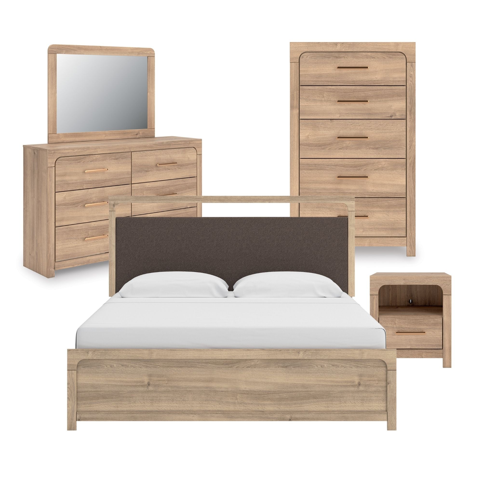 Kinlanni upholstered platform bedroom set in tan with a headboard, footboard, and matching side panels from Signature Ashley.