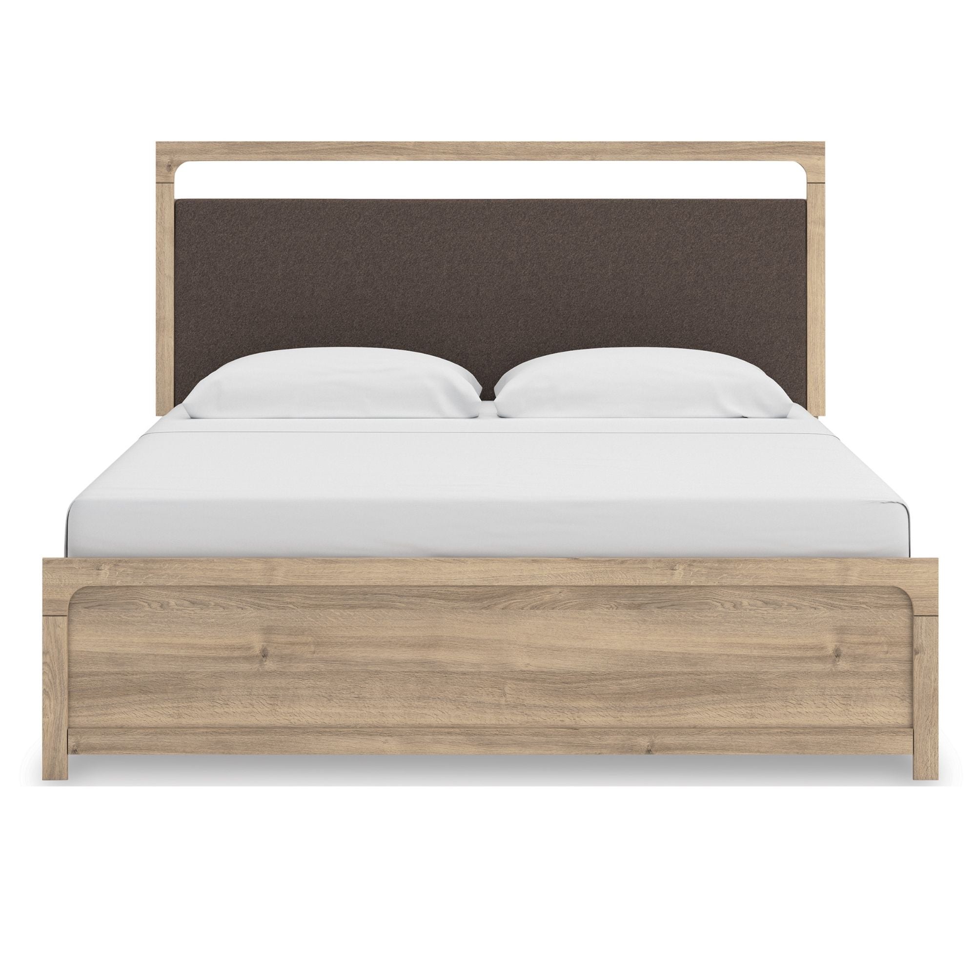 Tan Kinlanni upholstered platform bed by Signature Ashley, showcasing a stylish bedroom setup with plush headboard and modern design.