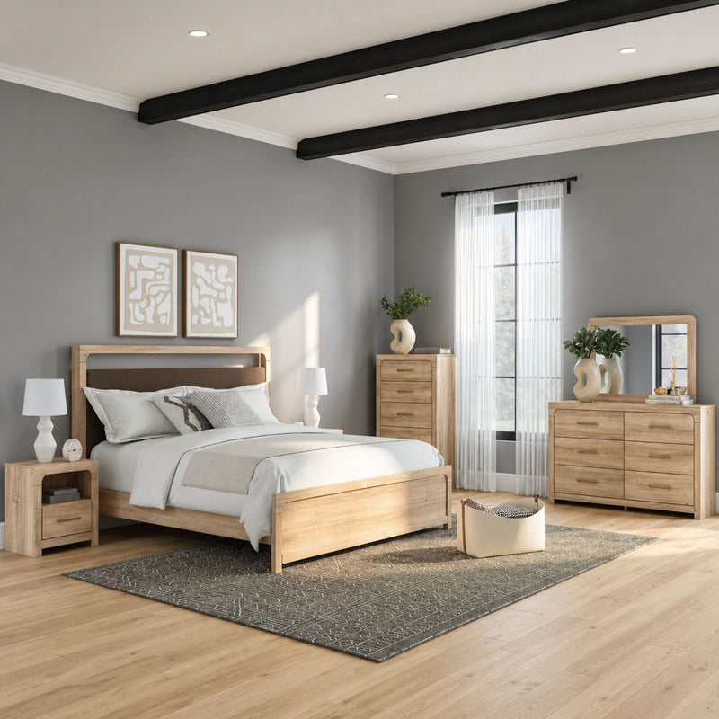 Kinlanni upholstered platform bedroom set in tan with clean lines and modern design, includes bed frame and matching furniture.