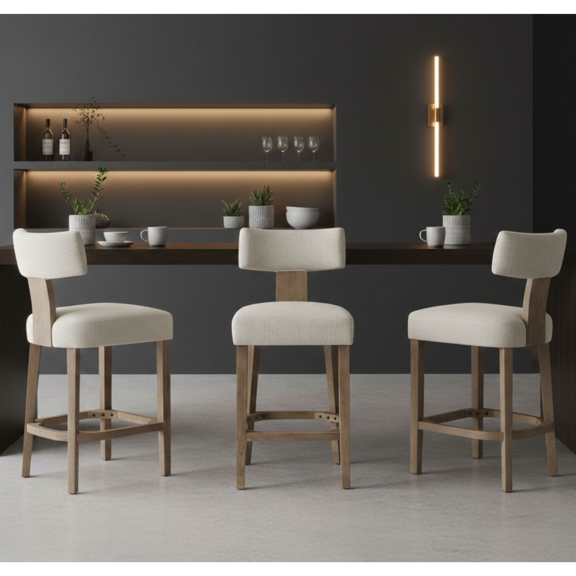 Beige Klis counter stool by Elite Living with wooden legs and cushioned seat, perfect for modern kitchen or bar area.