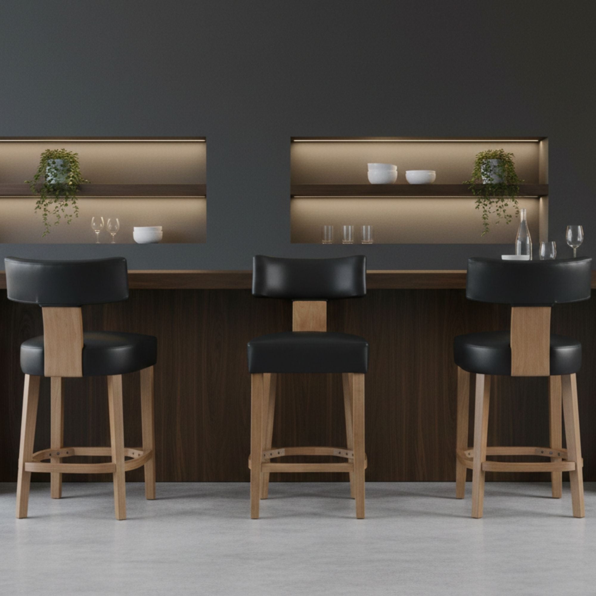 Black Klis counter stool from Elite Living featuring a modern design, shown in a set of stylish bar stools.