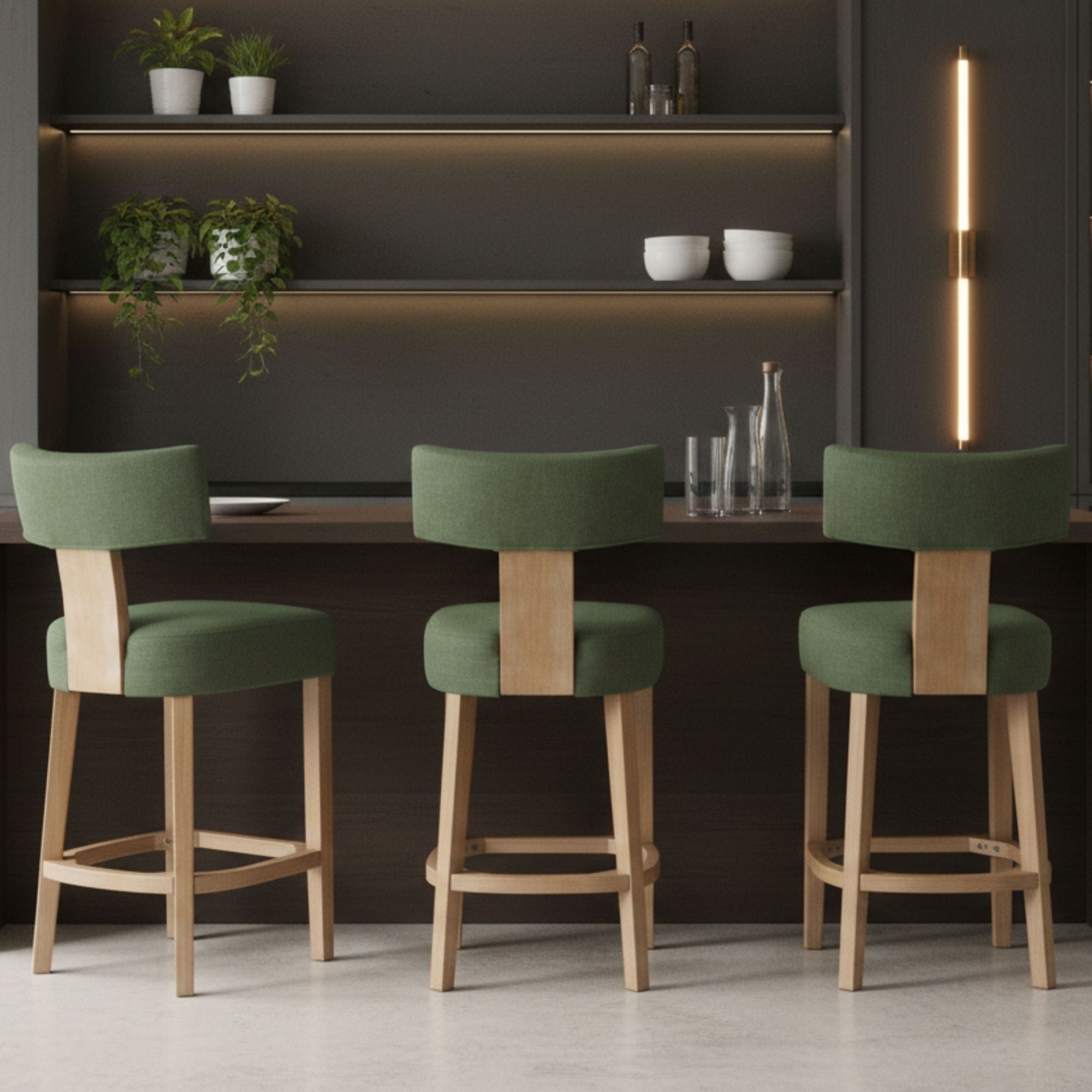 Green Klis counter stool by Elite Living with a modern design, featuring a cushioned seat and sturdy metal legs.