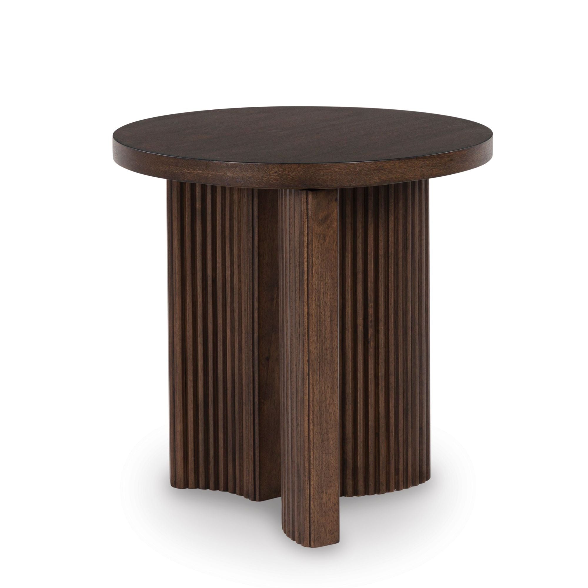 Round Korestone end table by Signature Design Ashley, featuring a sleek surface and sturdy base, ideal for living room decor.