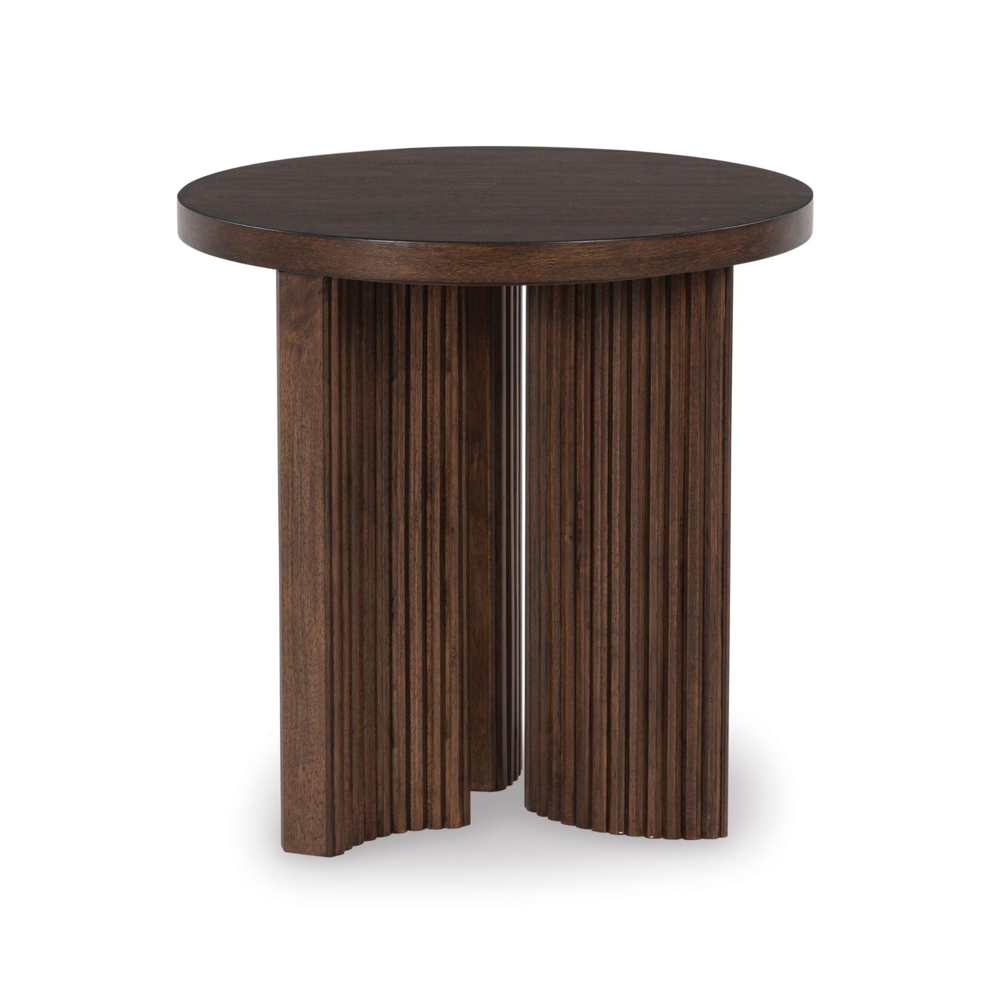 Round Korestone end table by Signature Design Ashley with a modern stone top and sturdy wooden legs.