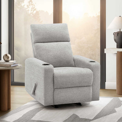 Light grey Arden rocker reclining chair with built-in cupholders by Monarch Specialties, featuring plush upholstery and ergonomic design.