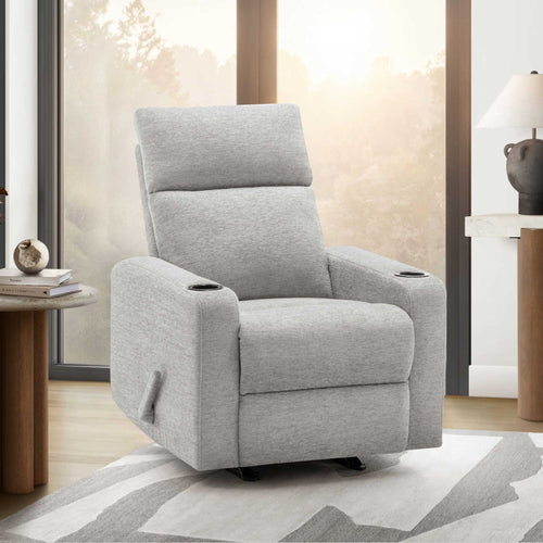 Light grey Arden rocker reclining chair by Monarch Specialties with built-in cupholders, showcasing plush fabric and comfortable design.
