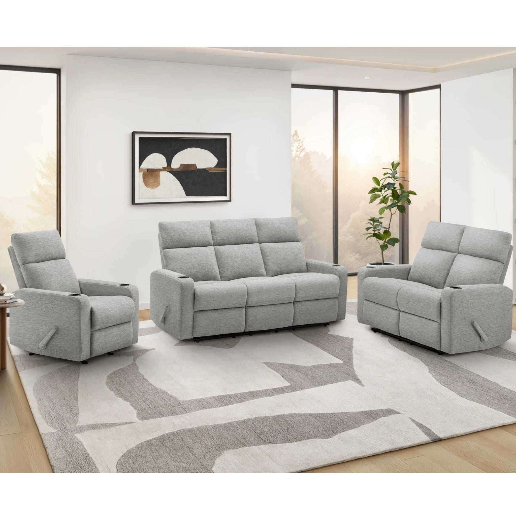 Light grey Arden reclining sofa by Monarch Specialties with built-in cupholders, shown with plush cushions and modern design.