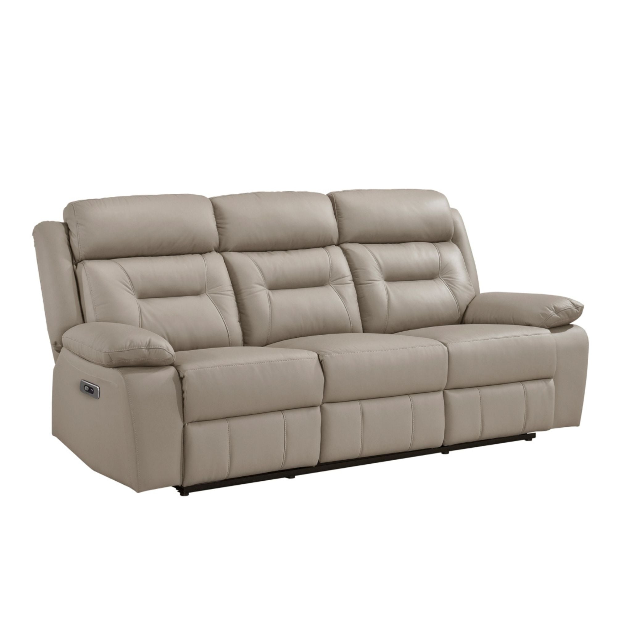MAZ Laconia Collection leather reclining sofa in taupe with plush cushions and reclining features, perfect for comfortable living rooms.