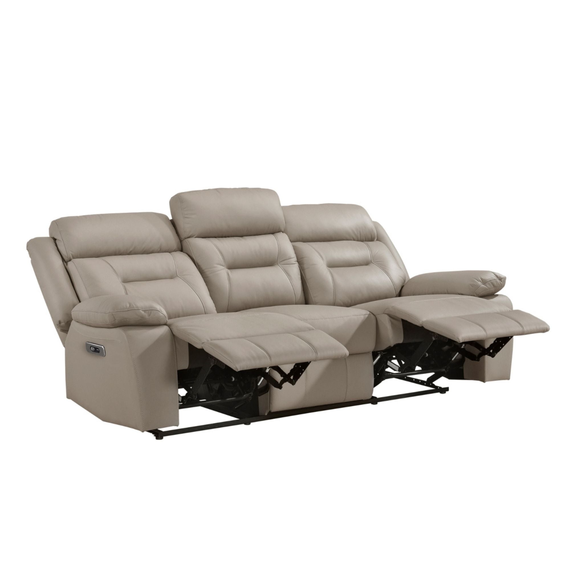 MAZ Laconia Collection taupe leather reclining sofa with plush cushions and reclining features, perfect for comfortable living rooms.