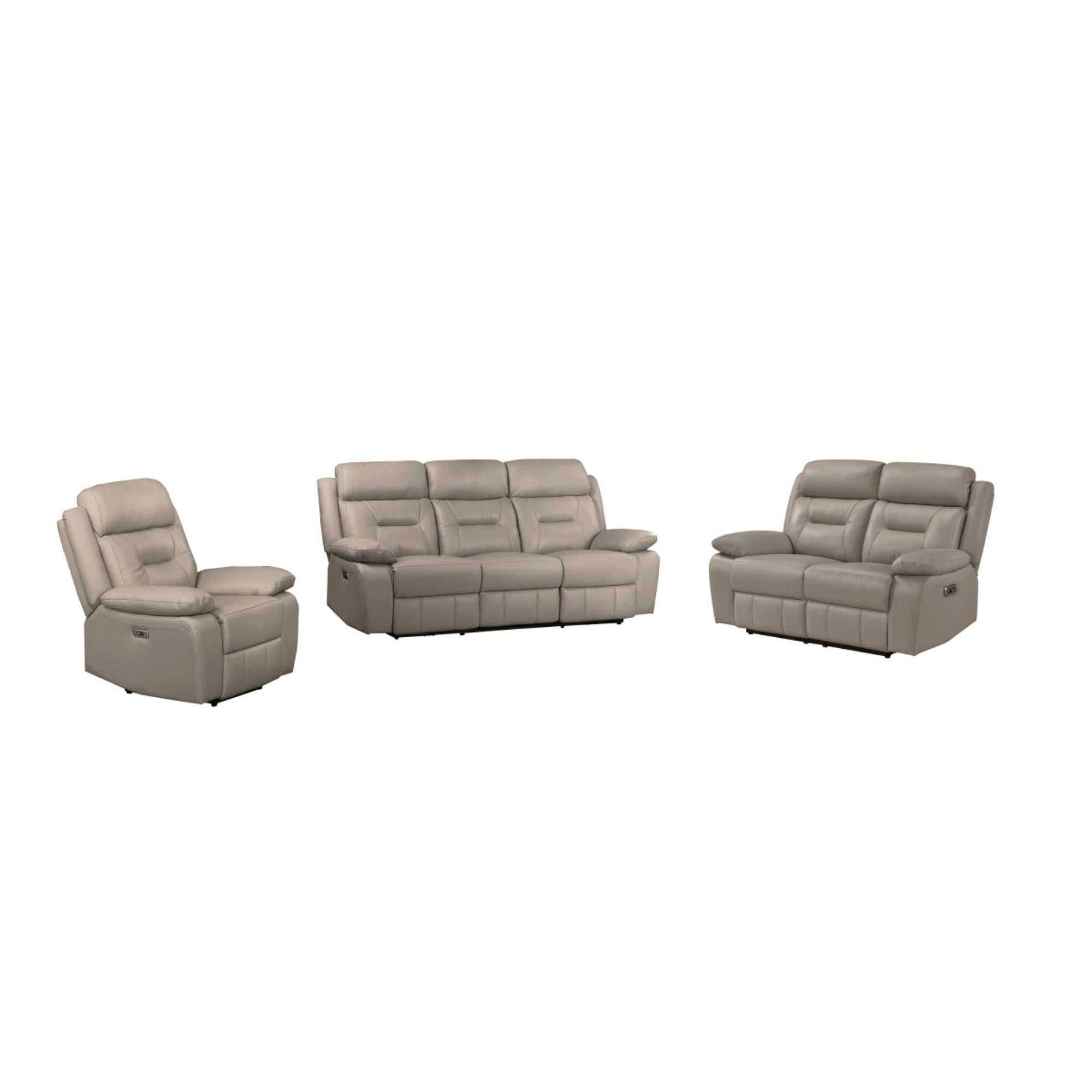 MAZ Laconia Collection leather reclining sofa in taupe, showcasing plush cushions and reclining features for comfortable seating.