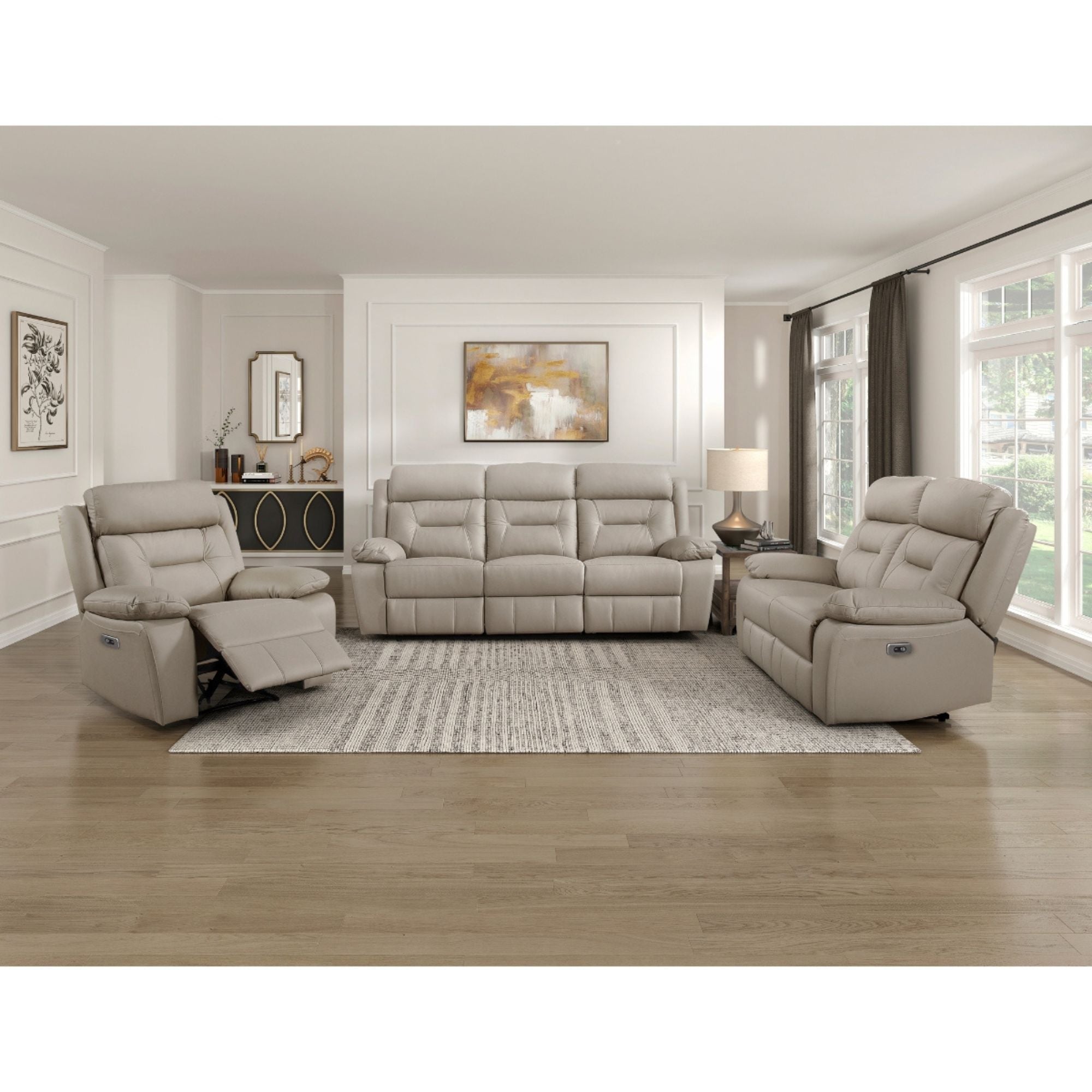MAZ Laconia Collection taupe leather reclining sofa with plush cushions and reclining features, perfect for comfortable living rooms.