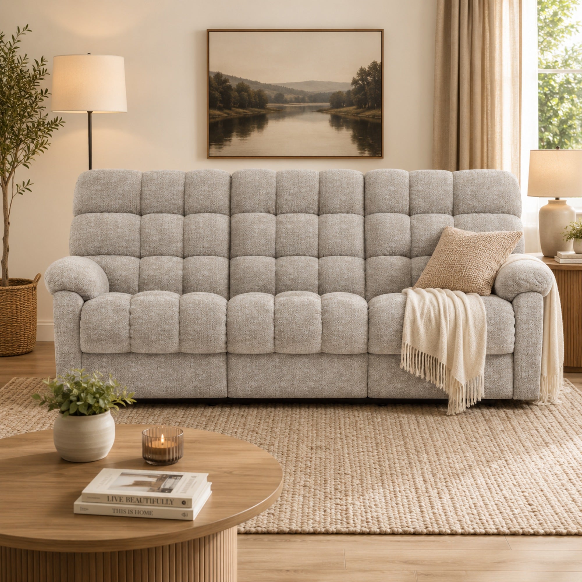 Lancaster Reclining Sofa Beige Chenille