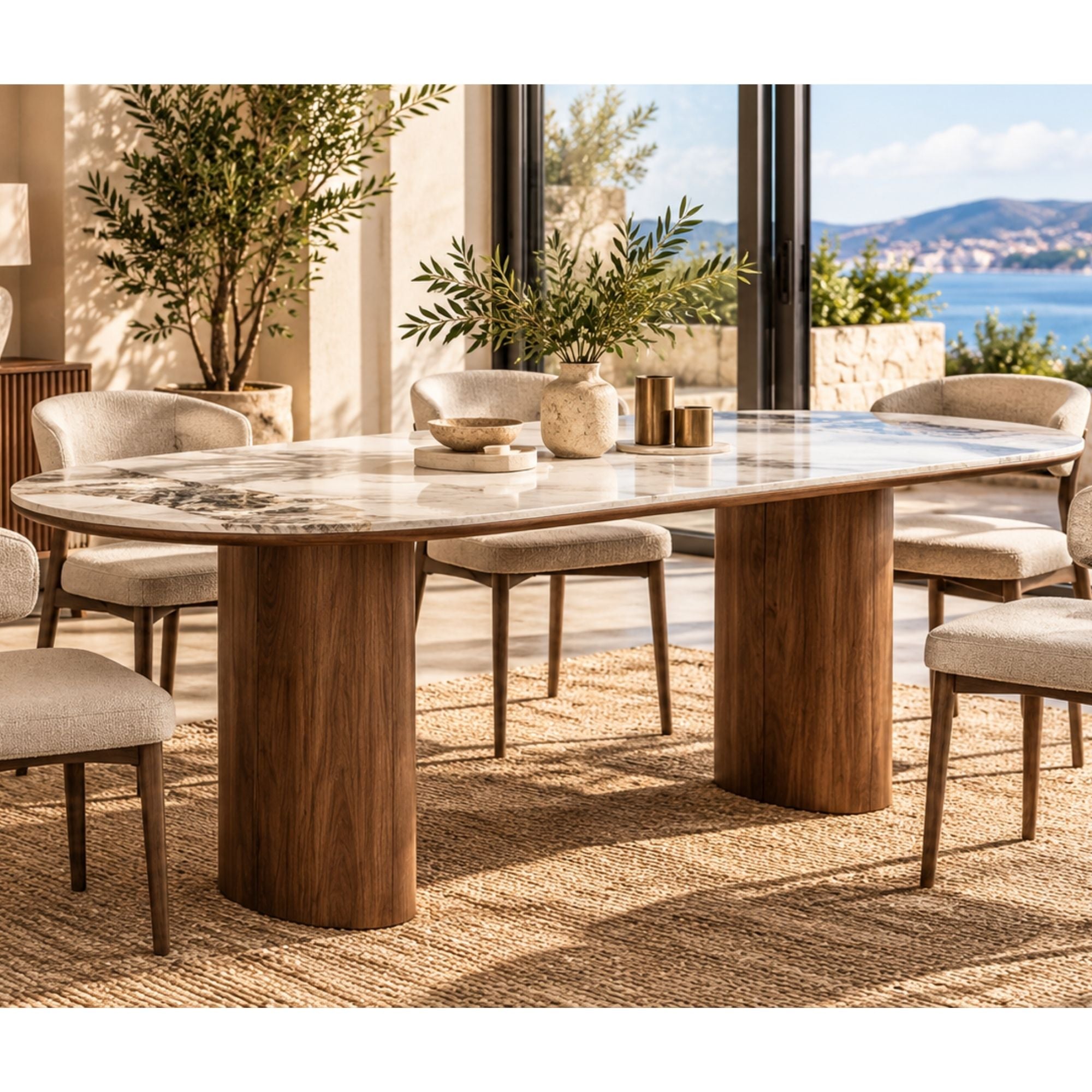 Laurent Dining Table Calacatta Top with Walnut Base