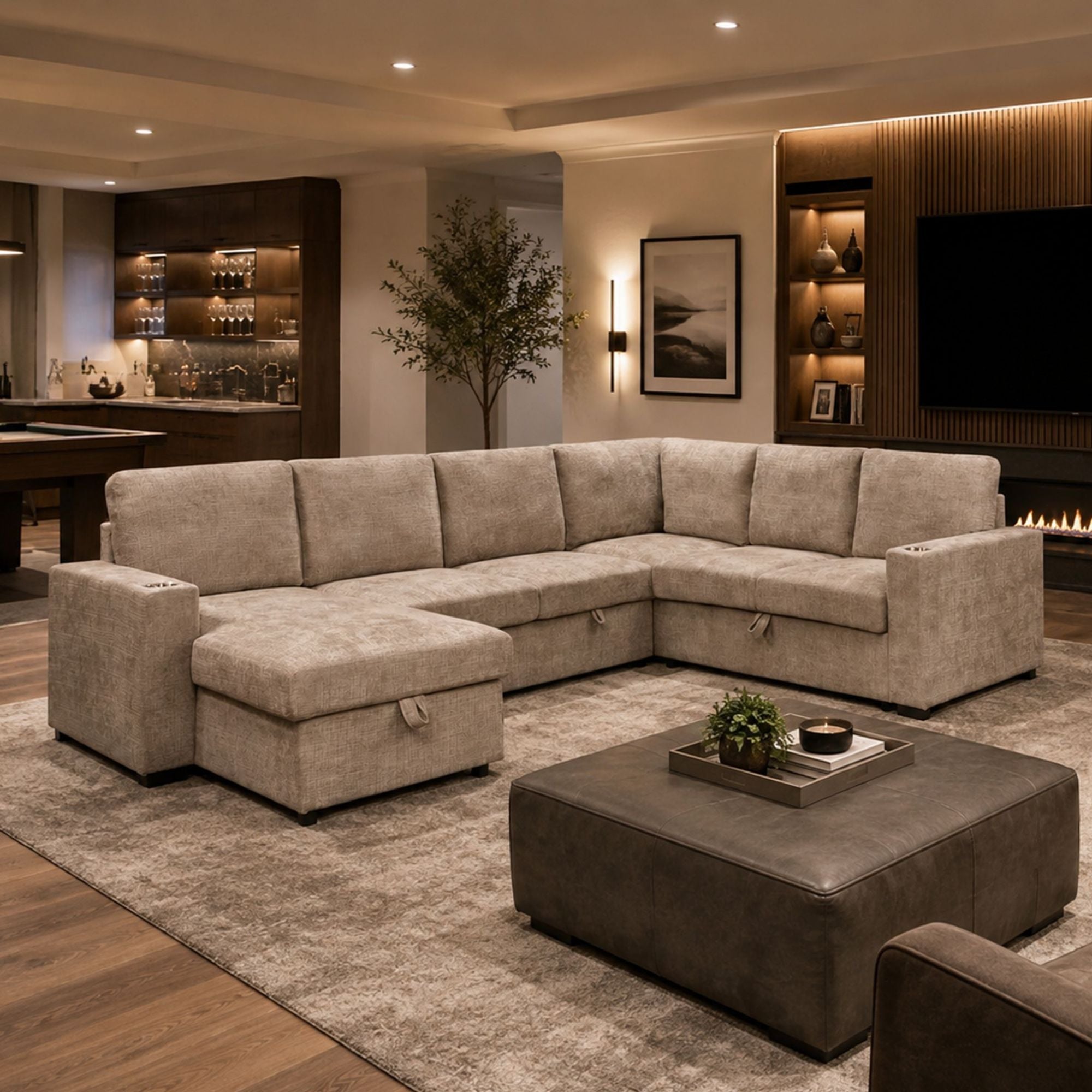 Beige Lennox right-facing sectional sofa bed with chaise and built-in storage by World Wide, showcasing comfortable upholstery and modern design.