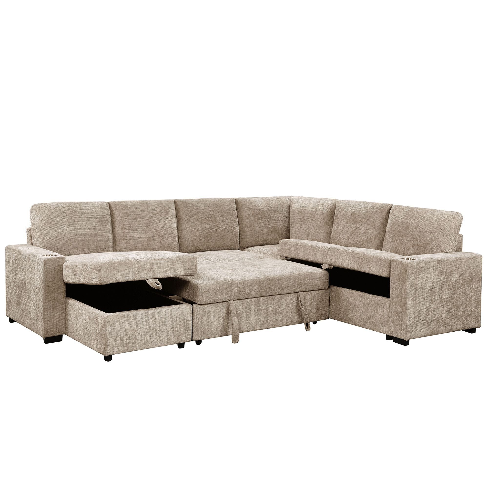 Lennox beige right-facing sectional sofa bed with chaise and built-in storage, stylish and comfortable for modern living spaces.