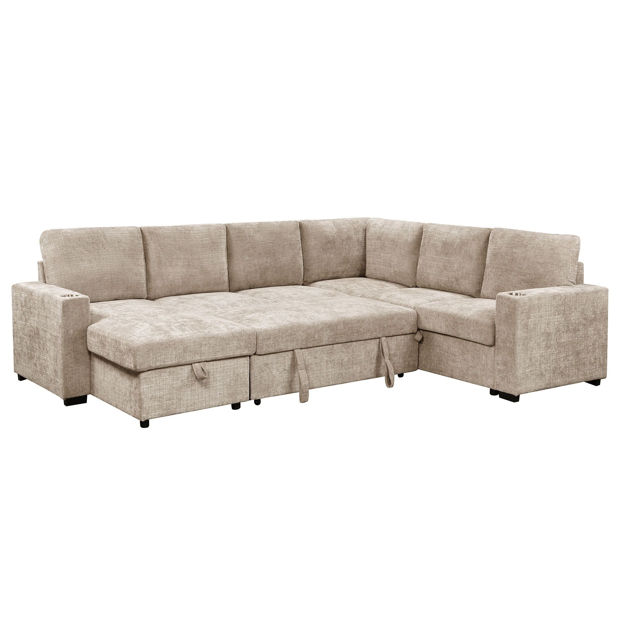 Beige Lennox right-facing sectional sofa bed with chaise and storage from World Wide, showing its plush fabric and functional design.