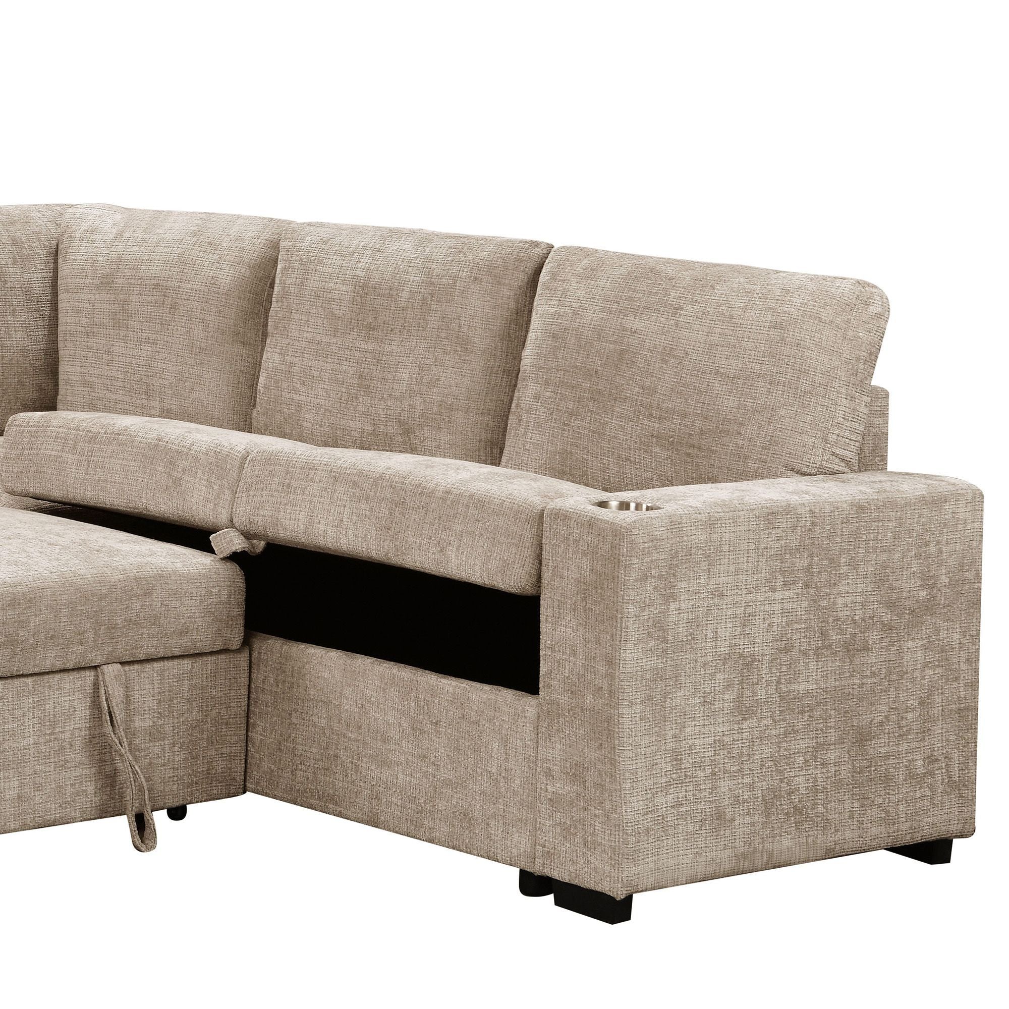 Lennox beige right-facing sectional sofa bed with chaise and built-in storage, showcasing plush fabric and modern design.