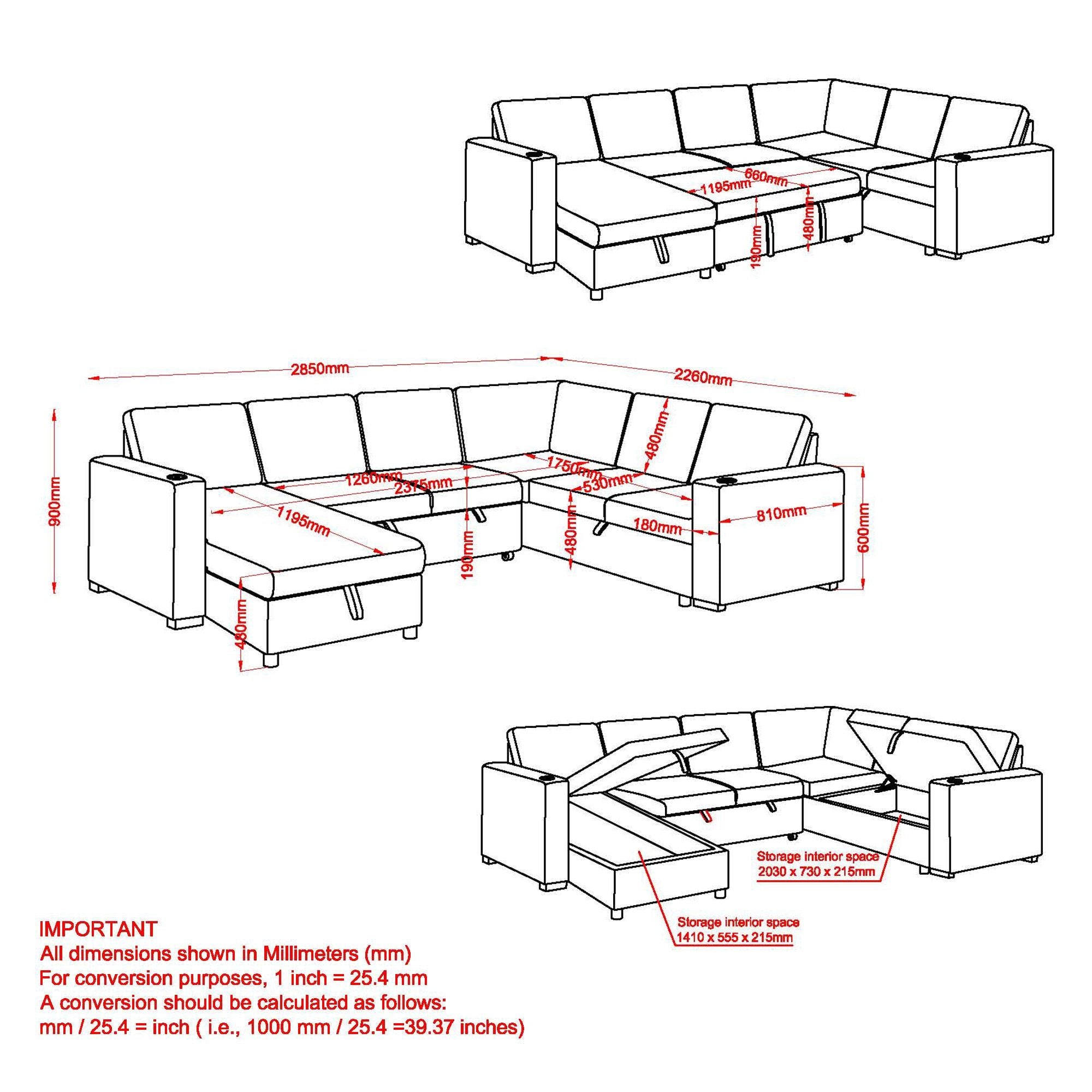 Beige Lennox right-facing sectional sofa bed with chaise and storage from World Wide, showcasing its spacious seating and storage features.