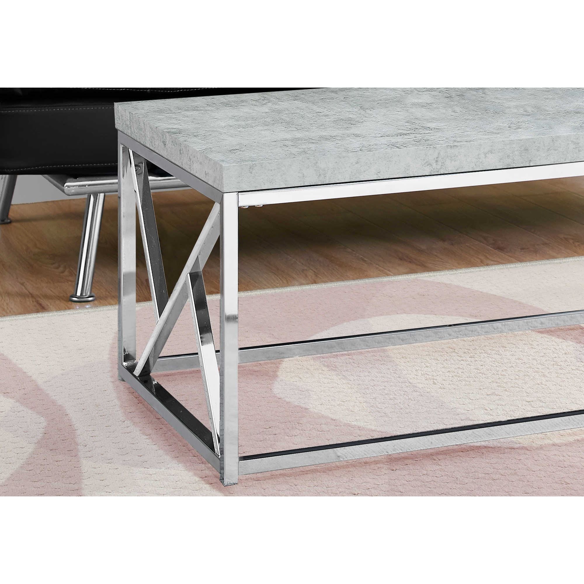 Modern Monarch Specialties Linea coffee table with a sleek wooden top and metal legs, ideal for contemporary living rooms.