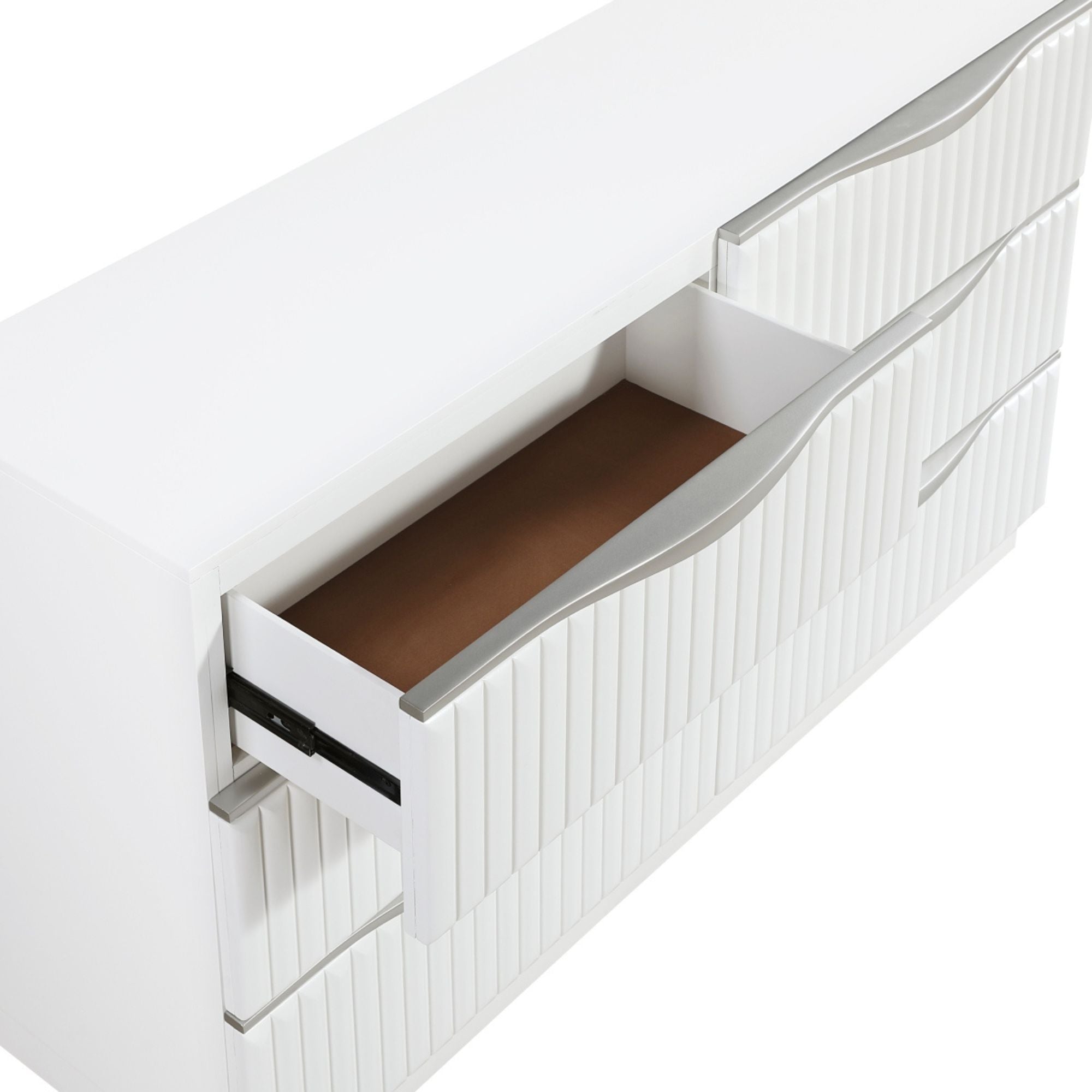 MAZ Linea Collection bedroom set featuring a sleek dresser with modern design and matching bedroom furniture in a contemporary style.