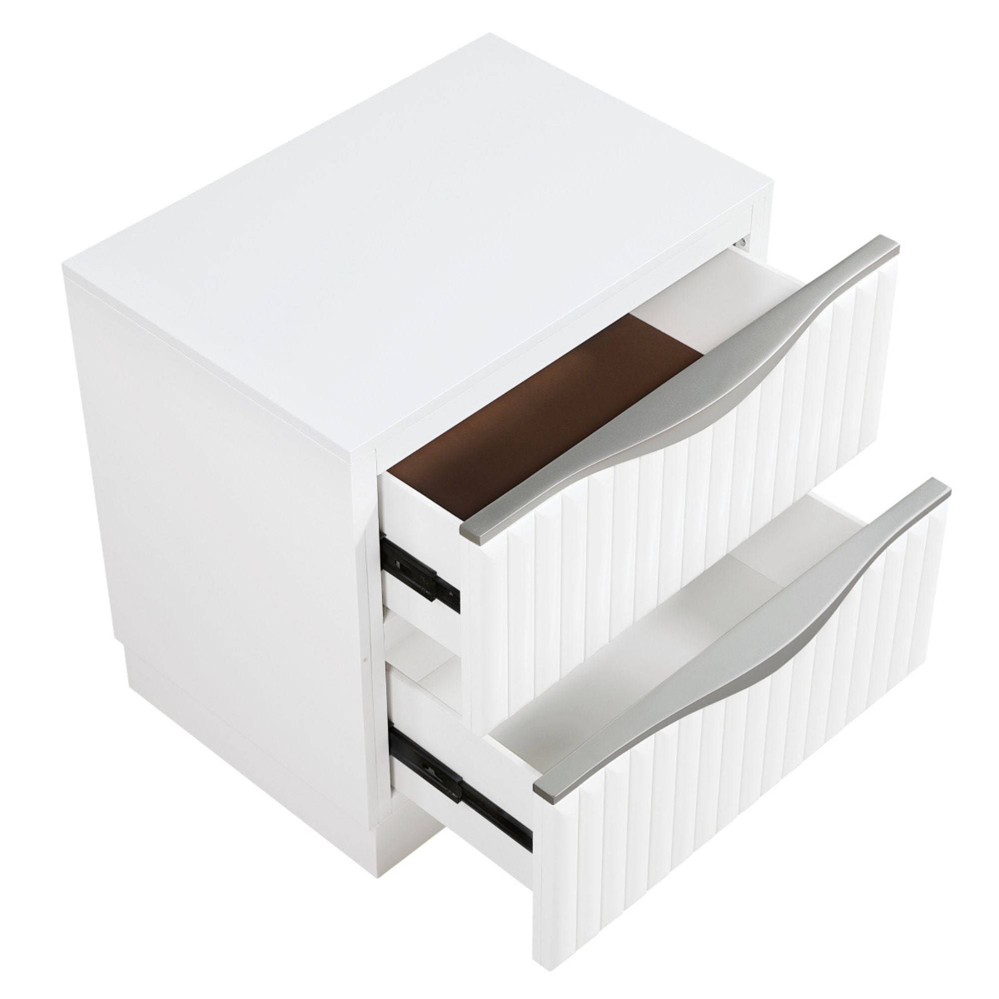 MAZ Linea Collection bedroom set featuring a modern nightstand with sleek wood finish and contemporary design elements.