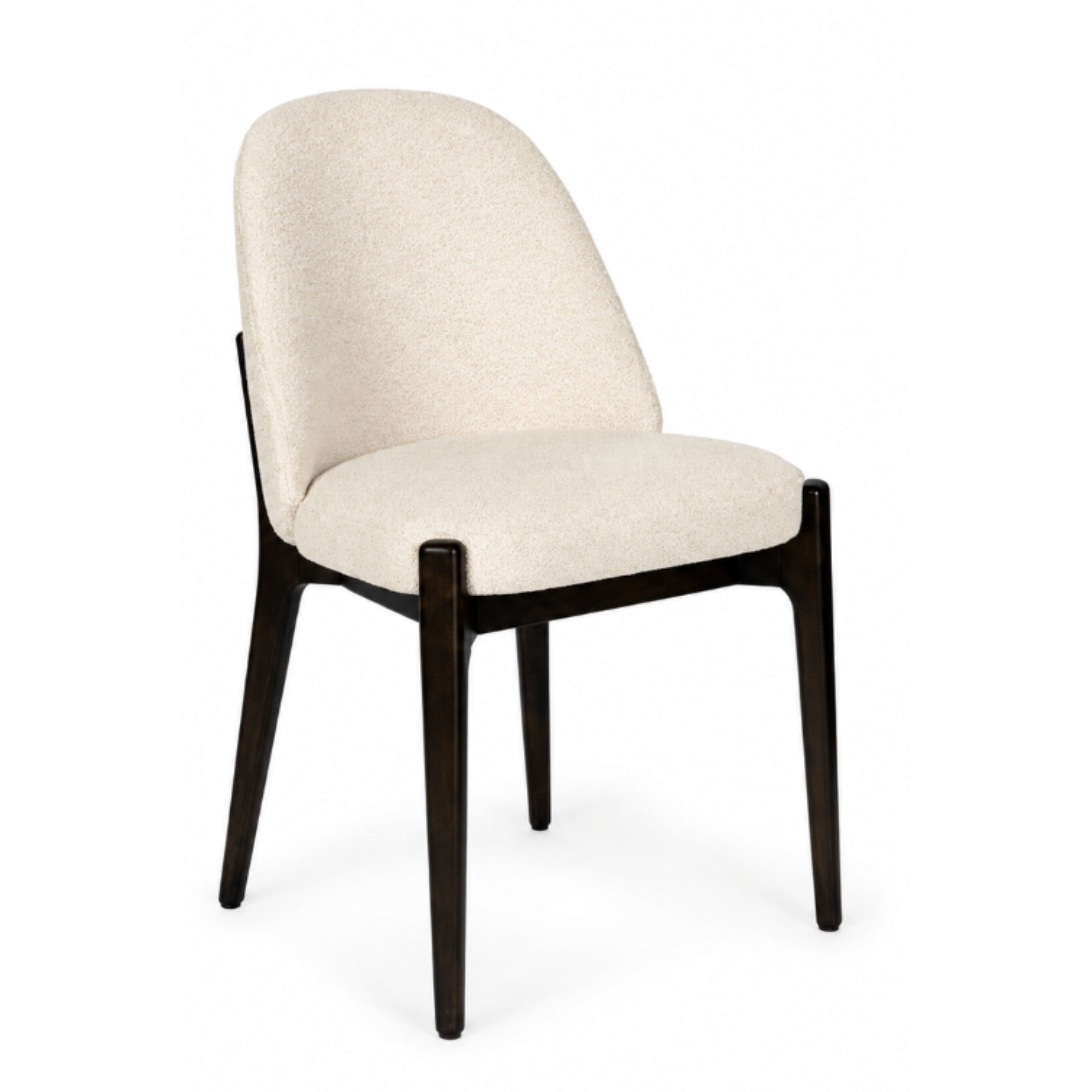 A modern dining chair with a curved, upholstered cream-beige seat and backrest, supported by a dark brown wooden frame with tapered legs, shown against a plain white background.