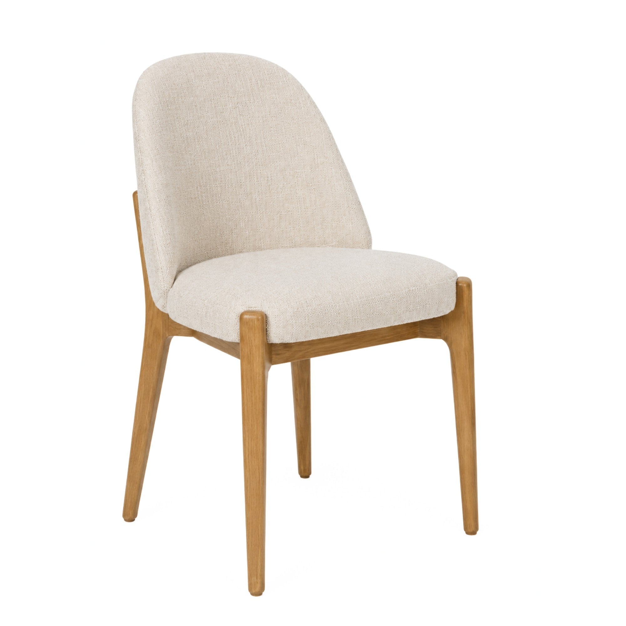 A modern dining chair with a light beige textured fabric upholstery and a natural light wood frame, shown against a plain white background.