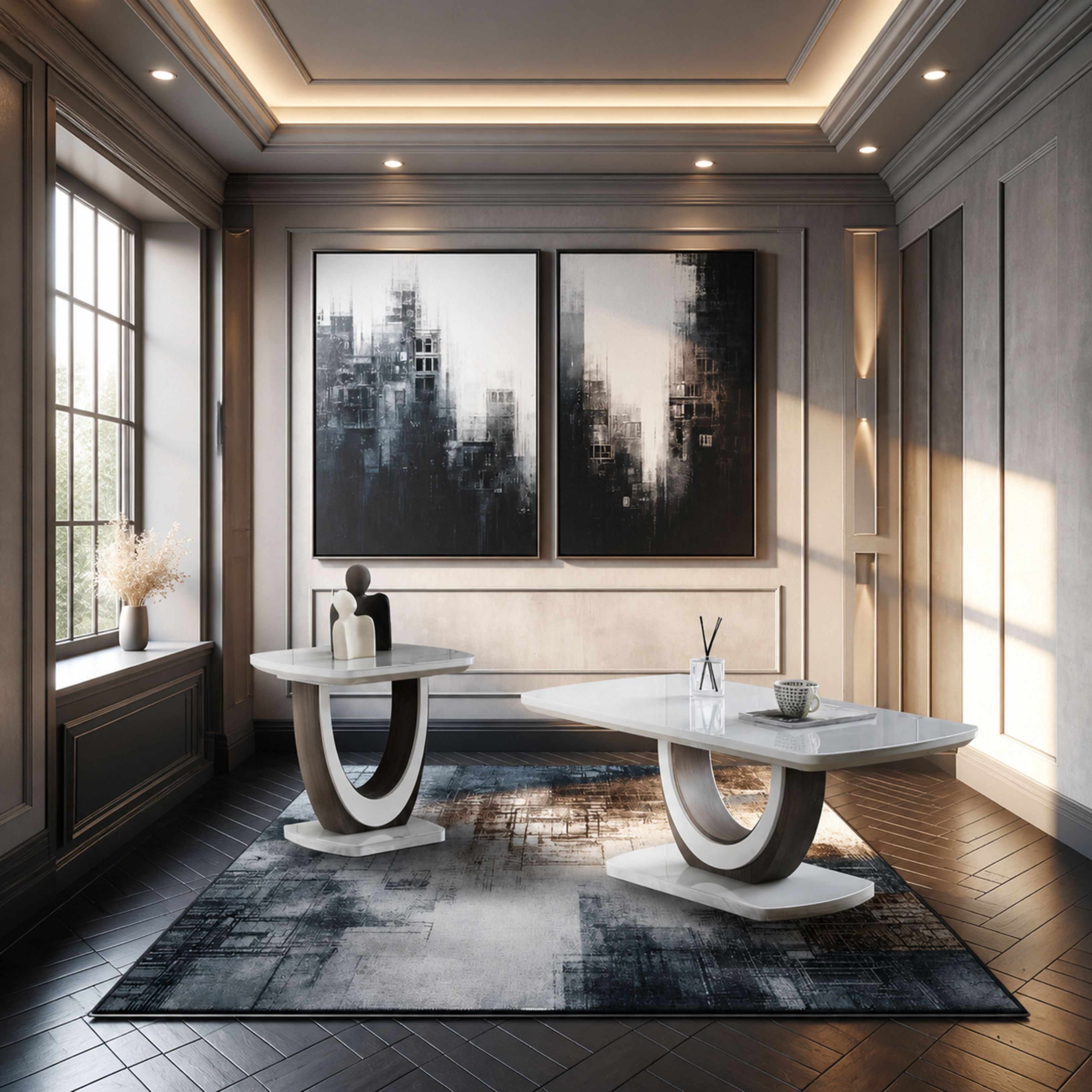 White glass London 2-piece coffee and end table set by MAZ, modern design with sleek surfaces and clean lines.