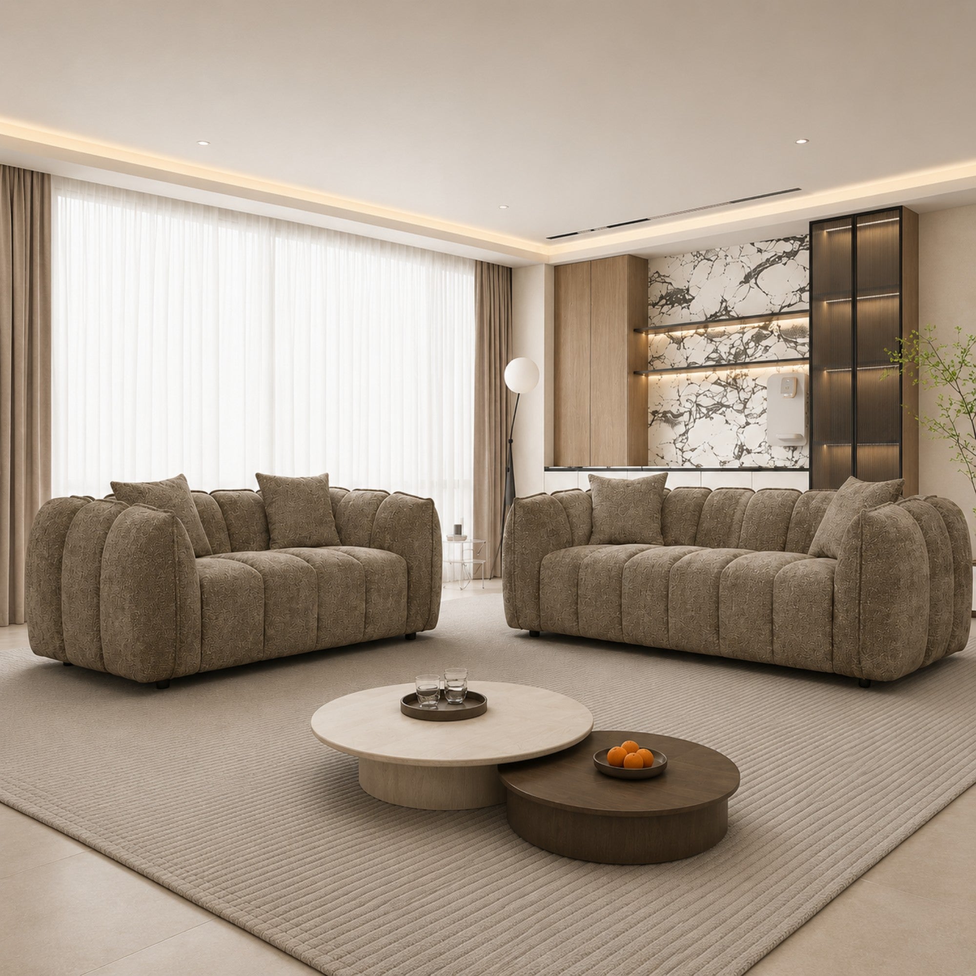 Brassex contemporary channel tufted loveseat with plush cushions and sleek fabric upholstery, ideal for modern living rooms.